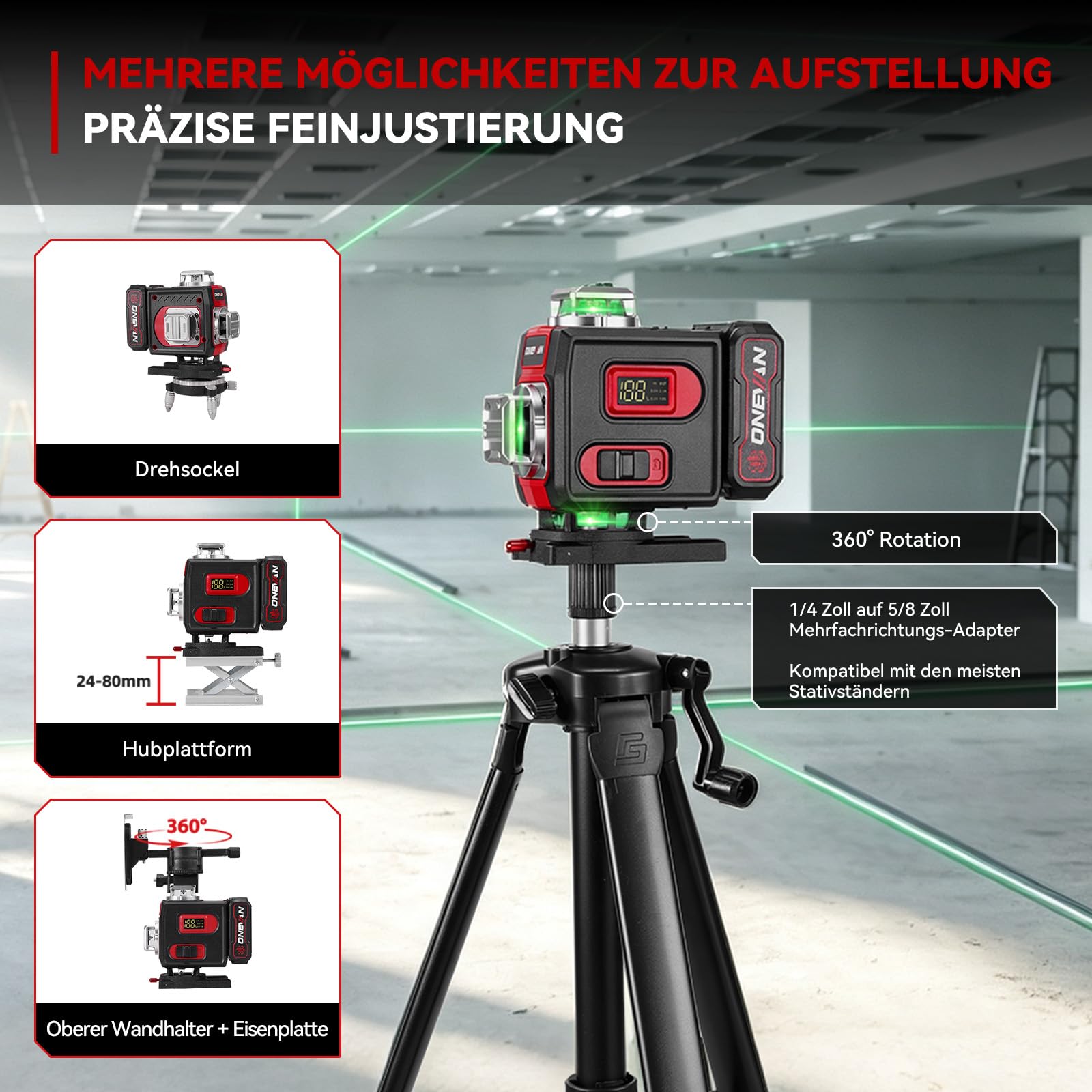 ONEVAN Nivelador Laser con Tripode, Autonivelación, 360° 4D Láser Verde | Autonivelación ±3°, 30m mando a distancia, pantalla LCD, con 2 baterías 4800mAh, para trabajos de montaje y pavimentación