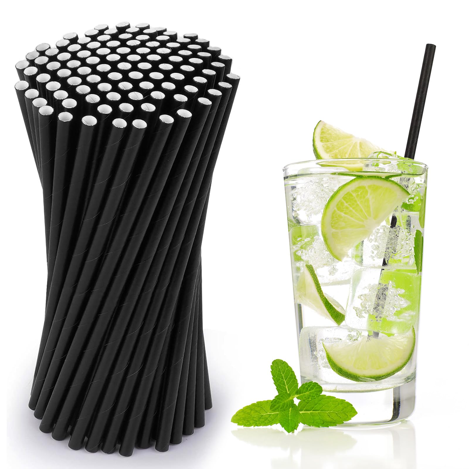 Schwarze Papierstrohhalme 510 Stück, Strohhalme Papier 19.7 cm x 0,6 cm Biologisch abbaubar, Einweg Cocktails Trinkhalme für Cocktails, Kaffee und Mixgetränke