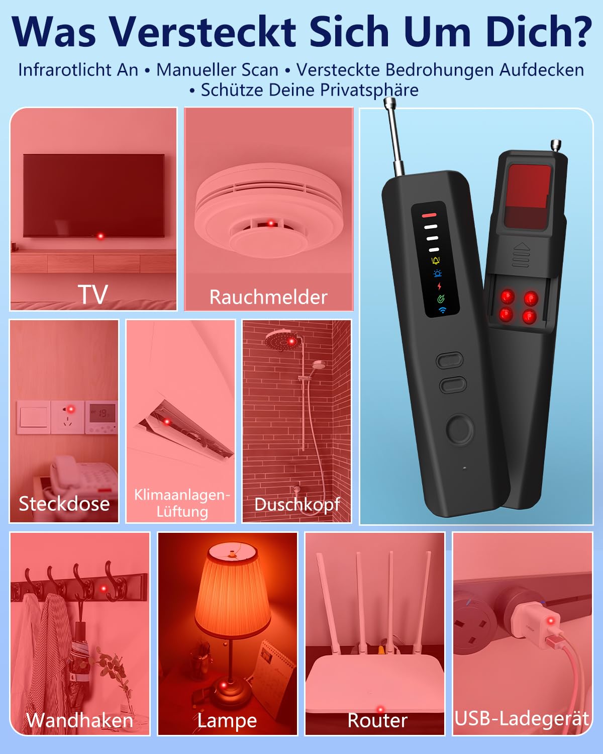 Bextgoo Detector de Camera et Micro Espion, Détecteur de Traceur GPS Voitur, Détecteur de Camera Espion 6 en 1, Détection Vision Nocturne IR, Détection Magnétique,Protection Antivol