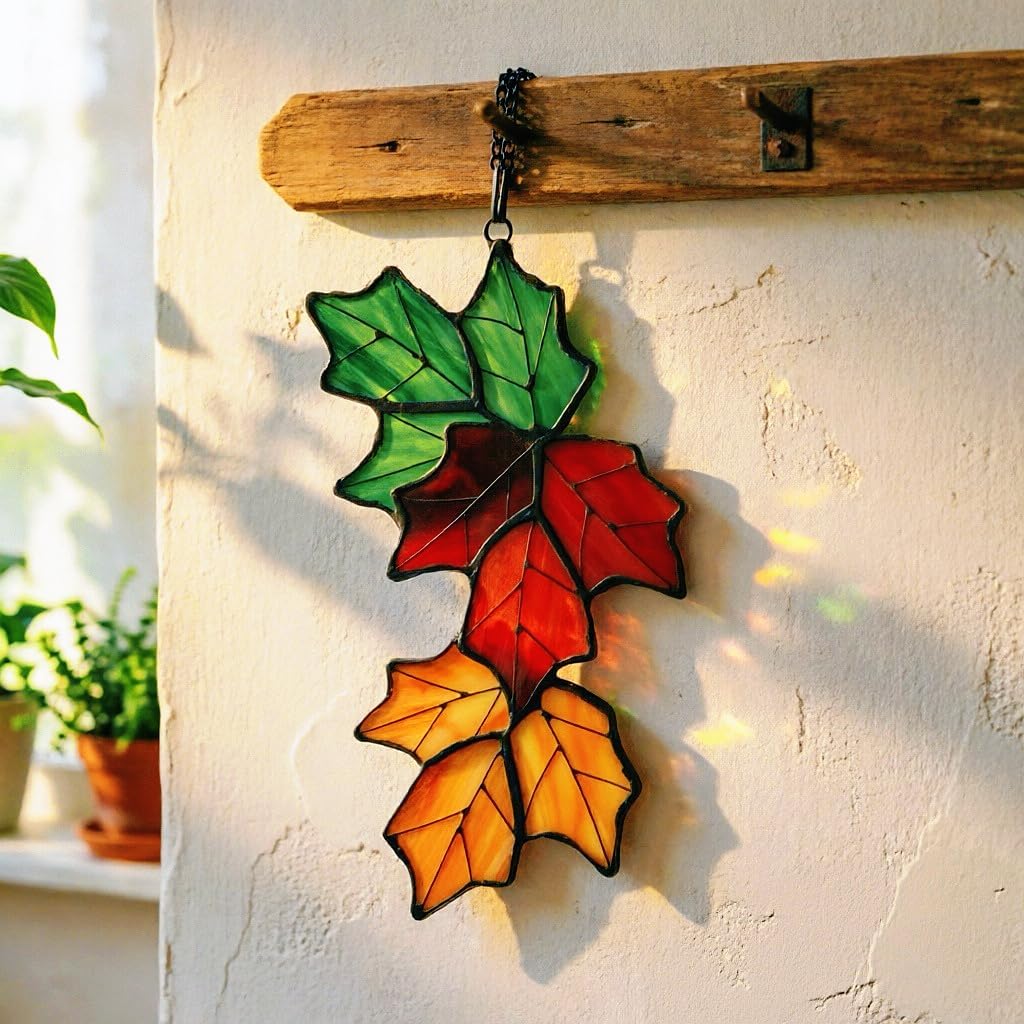 Stained Glass Tiffany Style Flower Window Panels Hangings Sun Catcher (Tricolor Maple Leaves)