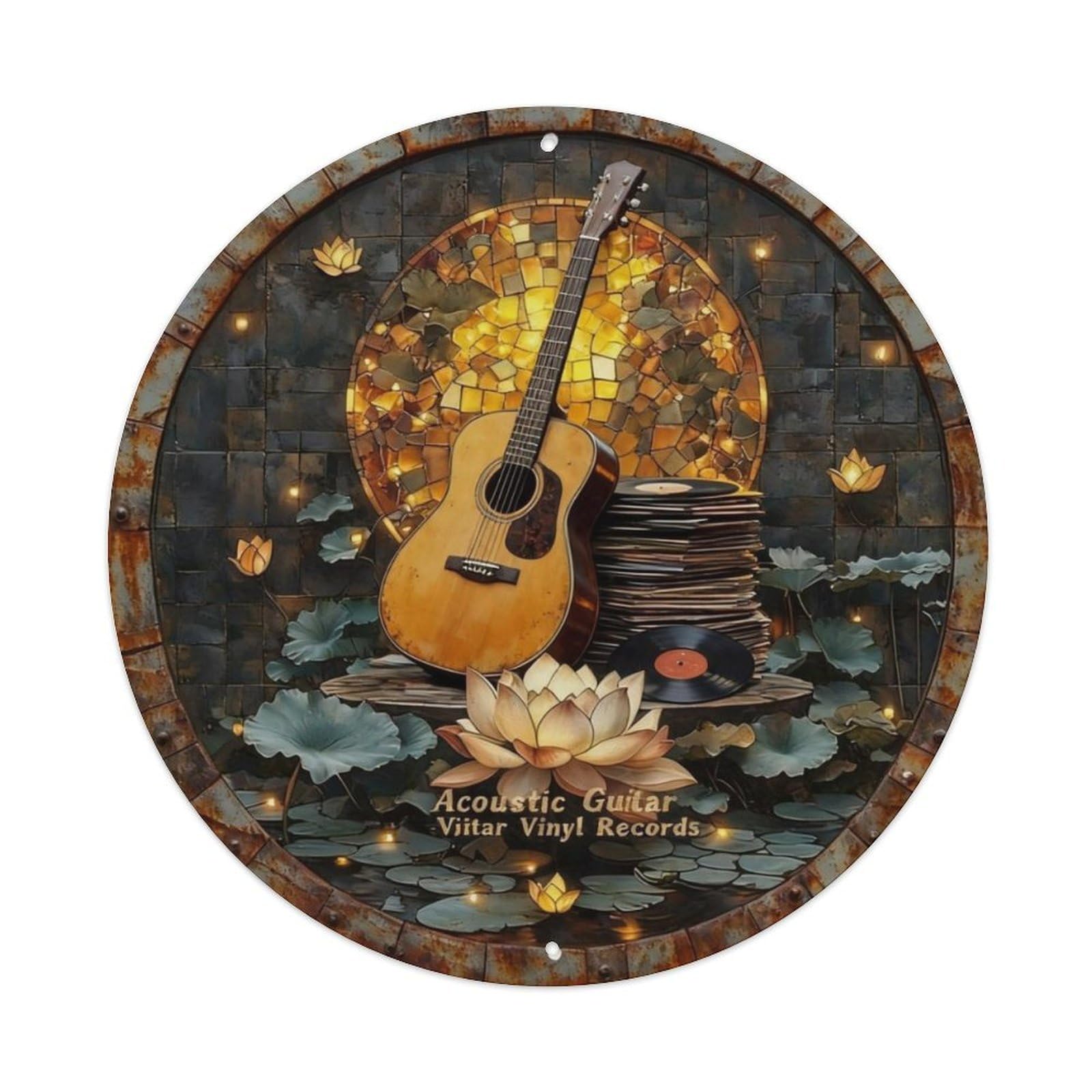 Acoustic Guitar Vinyl Records Metal Tin Sign Plaque