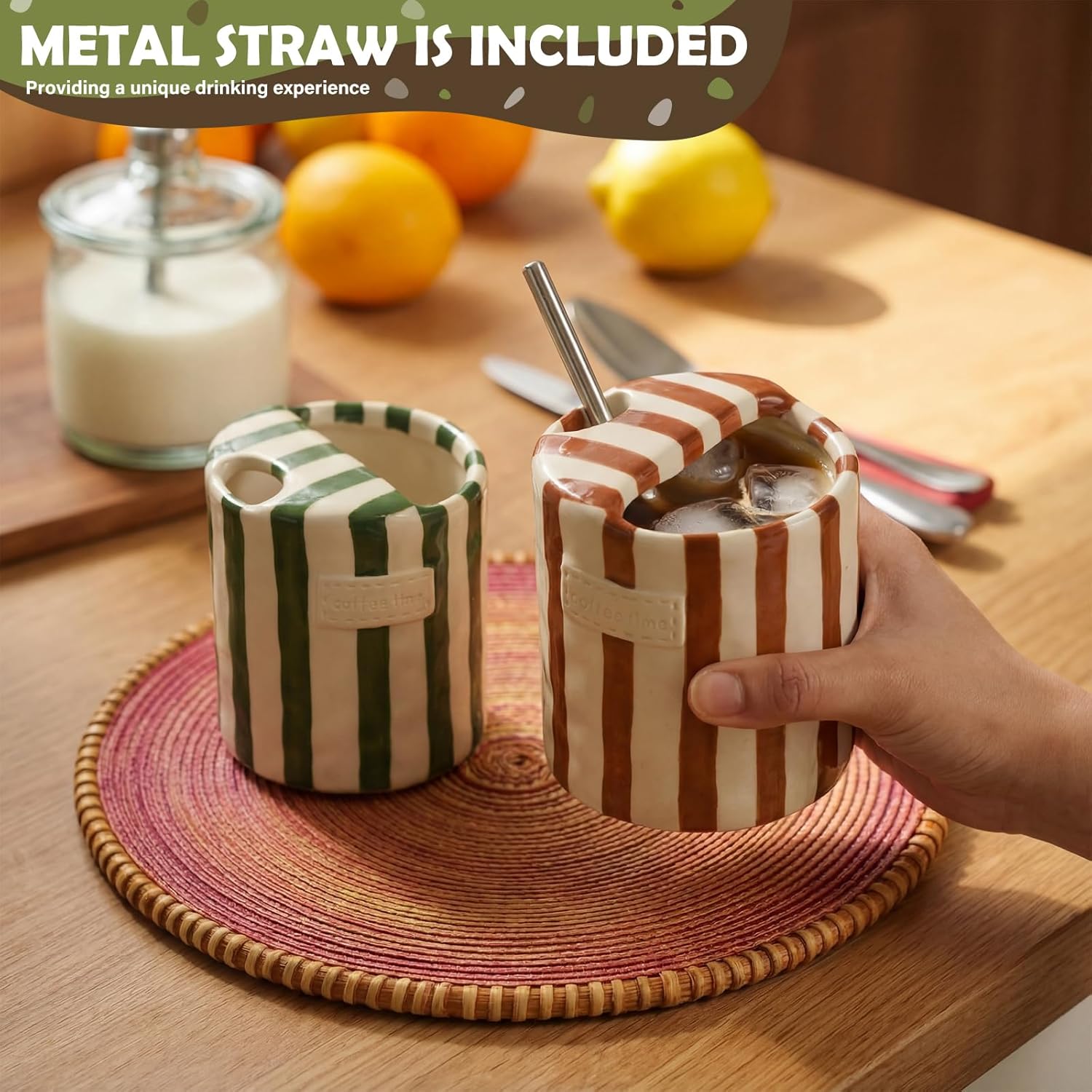 2 Pack Ceramic Coffee Mug with Sip Hole Espresso Cup 10oz with Straws Retro Hand Painted Striped Porcelain Coffee Tea Cup Cappuccino Latte Mug for Kitchen Dining Travel (Green,Brown)