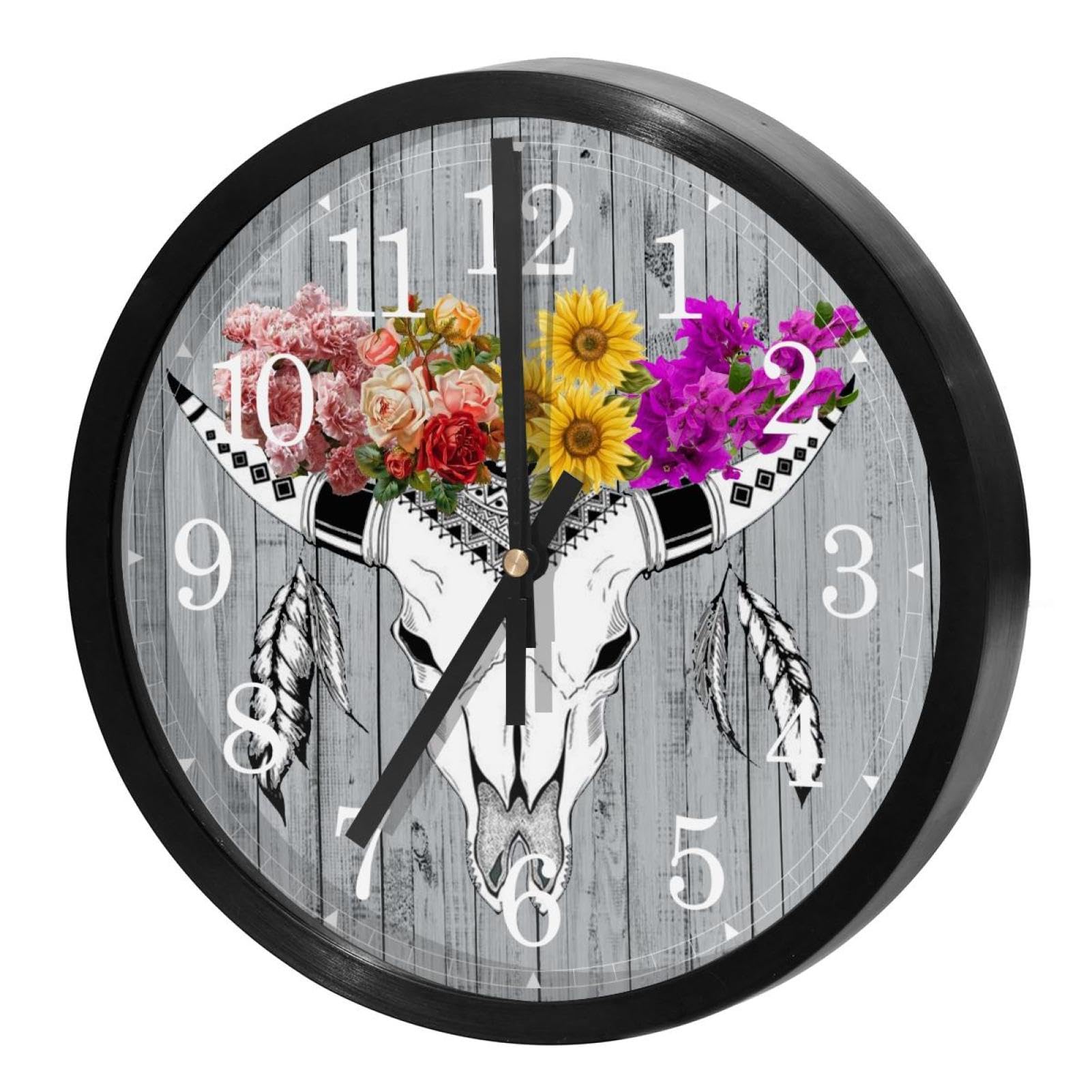 Horloge murale ronde décoration tête de chèvre et fleurs pour cadeau