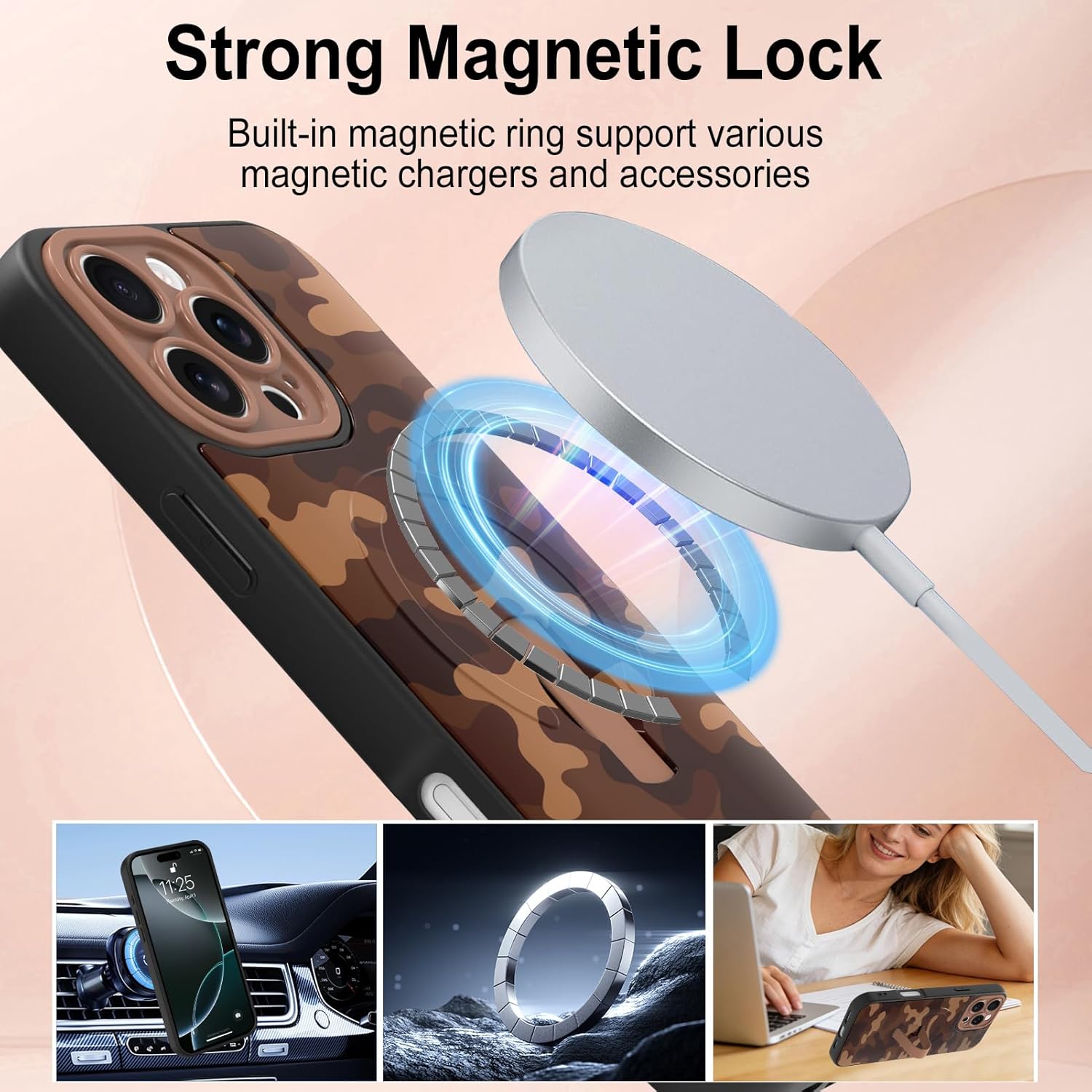 tharlet Compatible with iPhone 16 Pro Max Case with Finger Strap, Compatible with MagSafe, Cute Camo Phone Case for Women Girls, Anti Scratch Protective Cover for iPhone 16 Pro Max, Brown