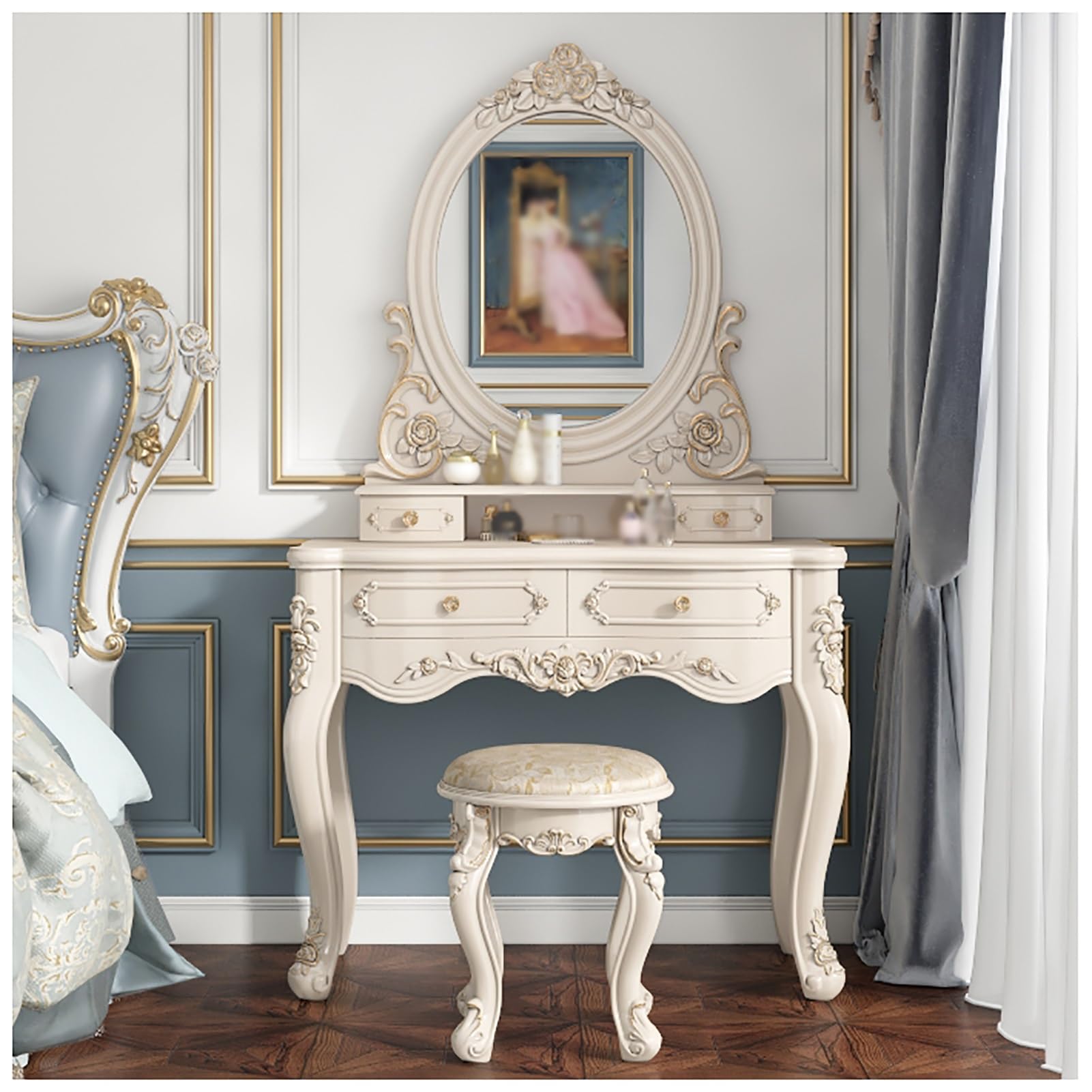 Amazon.com: Bedroom Makeup Vanity Desk with 4 Drawers and 1 Upholstered  Stool, Rose Floral Carved Vintage Dressing Table with Oval Mirror(Gold,80x47x147cm)  :