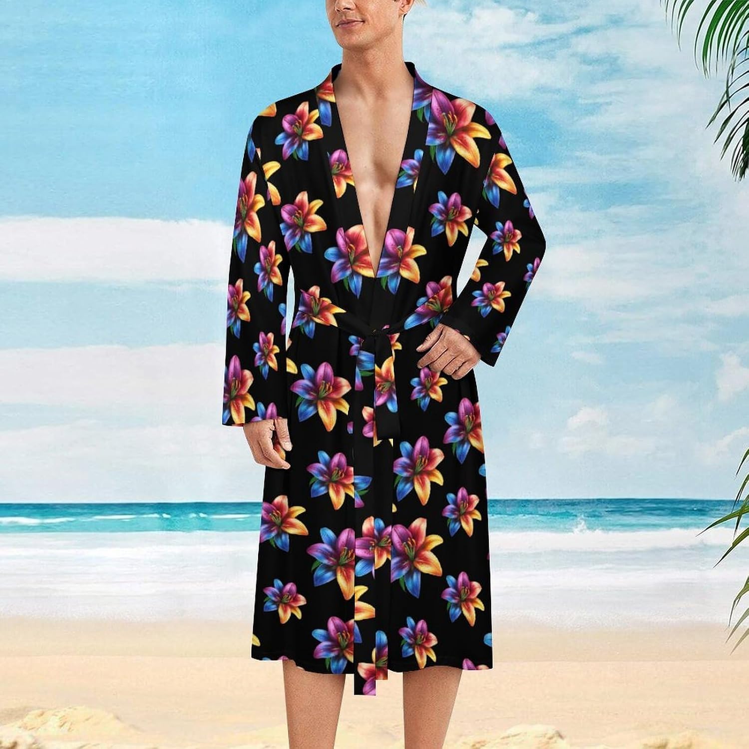 Lily Flower in LGBT Rainbow Color Mens Robe Long Bathrobe for Women Bath Robes Lightweight Soft Printed Sleepwear