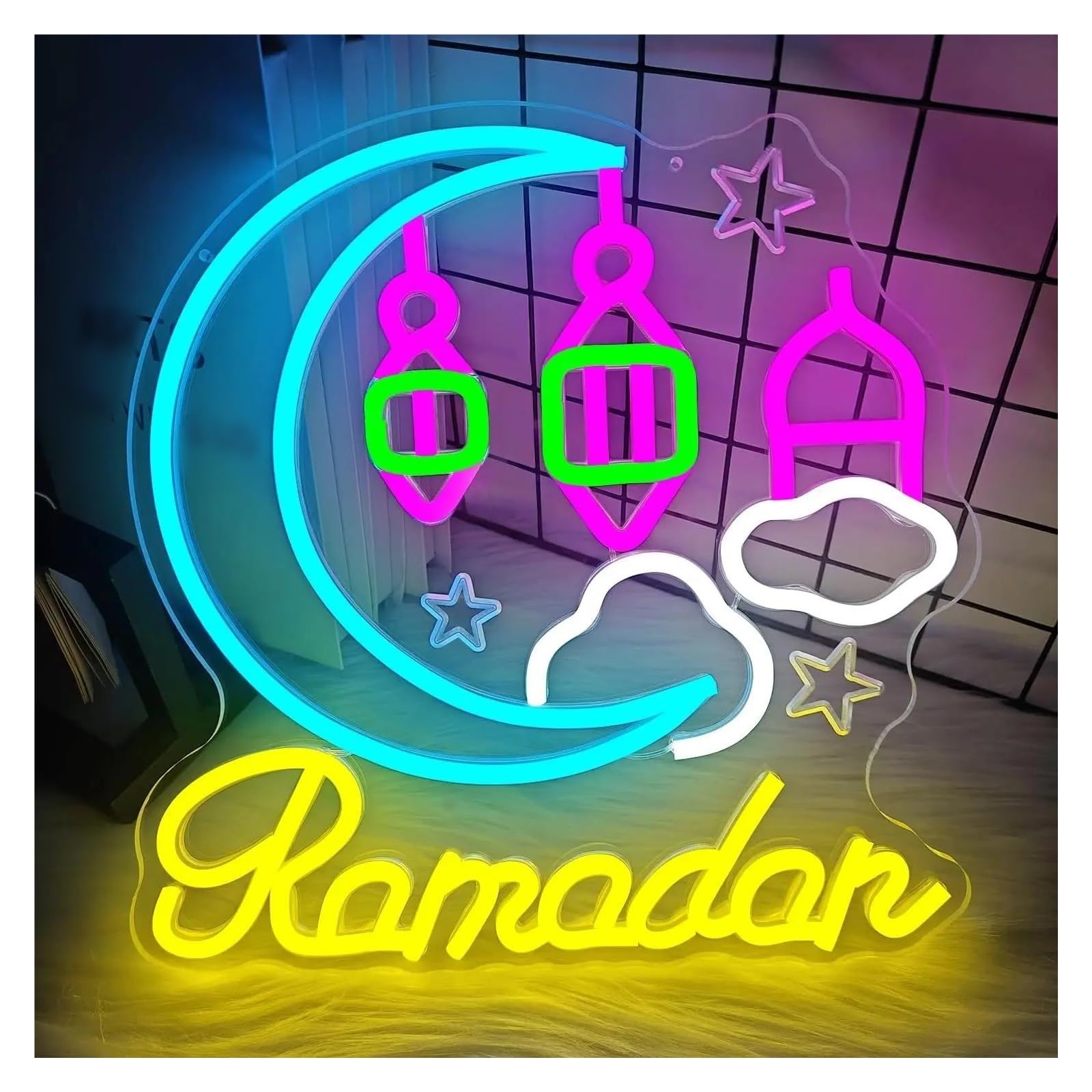 Insegna al Neon Insegna Al Neon Del Ramadan, Dimmerabile, Luce Al Neon Del Castello Della Luna Per La Decorazione Della Parete, Festival Del Ramadan 31x30cm