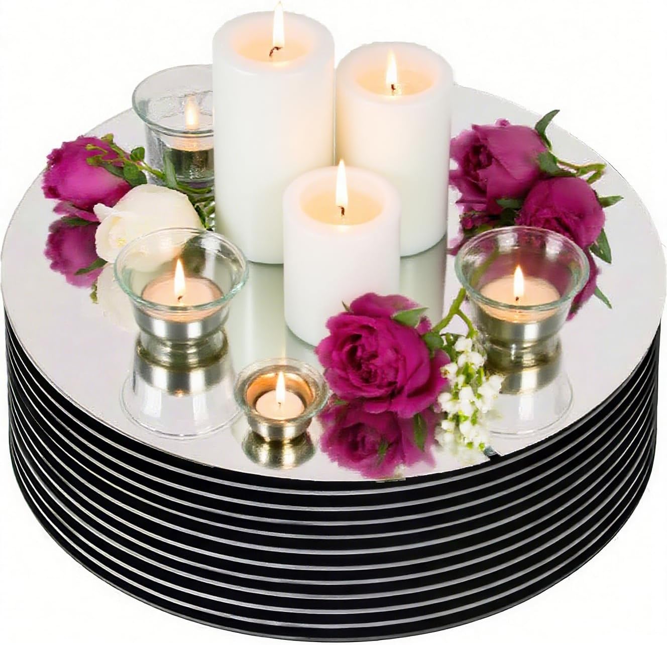 12 Pack Round Mirror Centerpieces for Tables Decorations, 10" Acrylic Round Mirror Tray Candle Plate 2mm Thickness Mirror Centerpiece Table Decorations for Wedding Decorations Party, Wall Decor