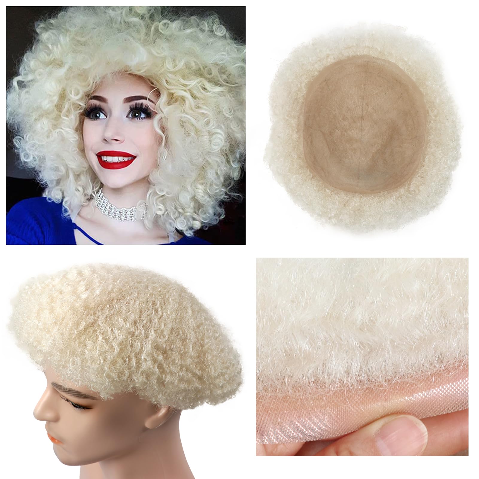 60# Blonde Afro Toupee Curly Women Wigs 6MM Man Weave Unit Human Braiding Hair Systems Twist Black Mans HD Lace Hairpiece Replacement Real Human Hair African American Touper 8x10inch