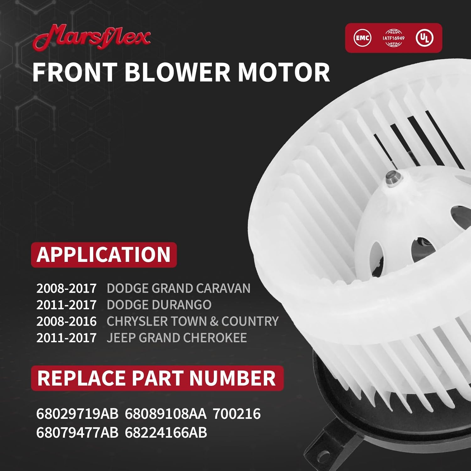 Marsflex Front Blower Motor 700216 for 2008-2017 Dodge Grand Caravan Durango, for Chrysler Town & Country, for Jeep Grand Cherokee, 2009 2010 2011 2012 2013 2014 2015 2016 Blower Motor OE: 68079477AB