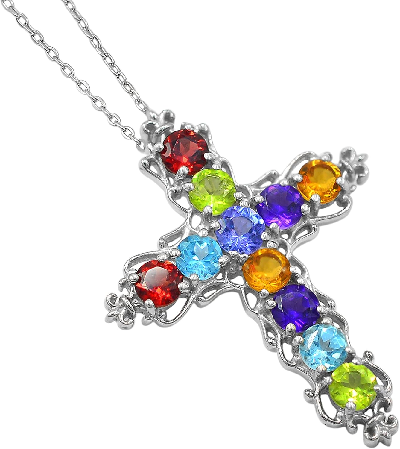 Natural Peridot Garnet Amethyst Multi Gemstone 925 Sterling Silver Holy Cross Pendant Necklace Multi Stone Jewelry Love and Friendship Gift(PD-8330)