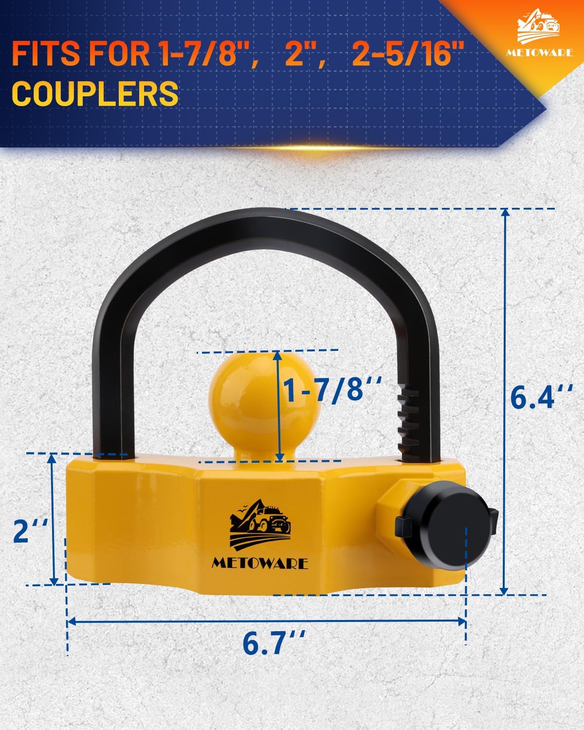 METOWARE Universal Trailer Coupler Lock, Adjustable Heavy-Duty Trailer Htich Locks Fit 1-7/8 Inch, 2 Inch, 2-5/16 Inch Couplers with 2 Keys (Yellow, Black)