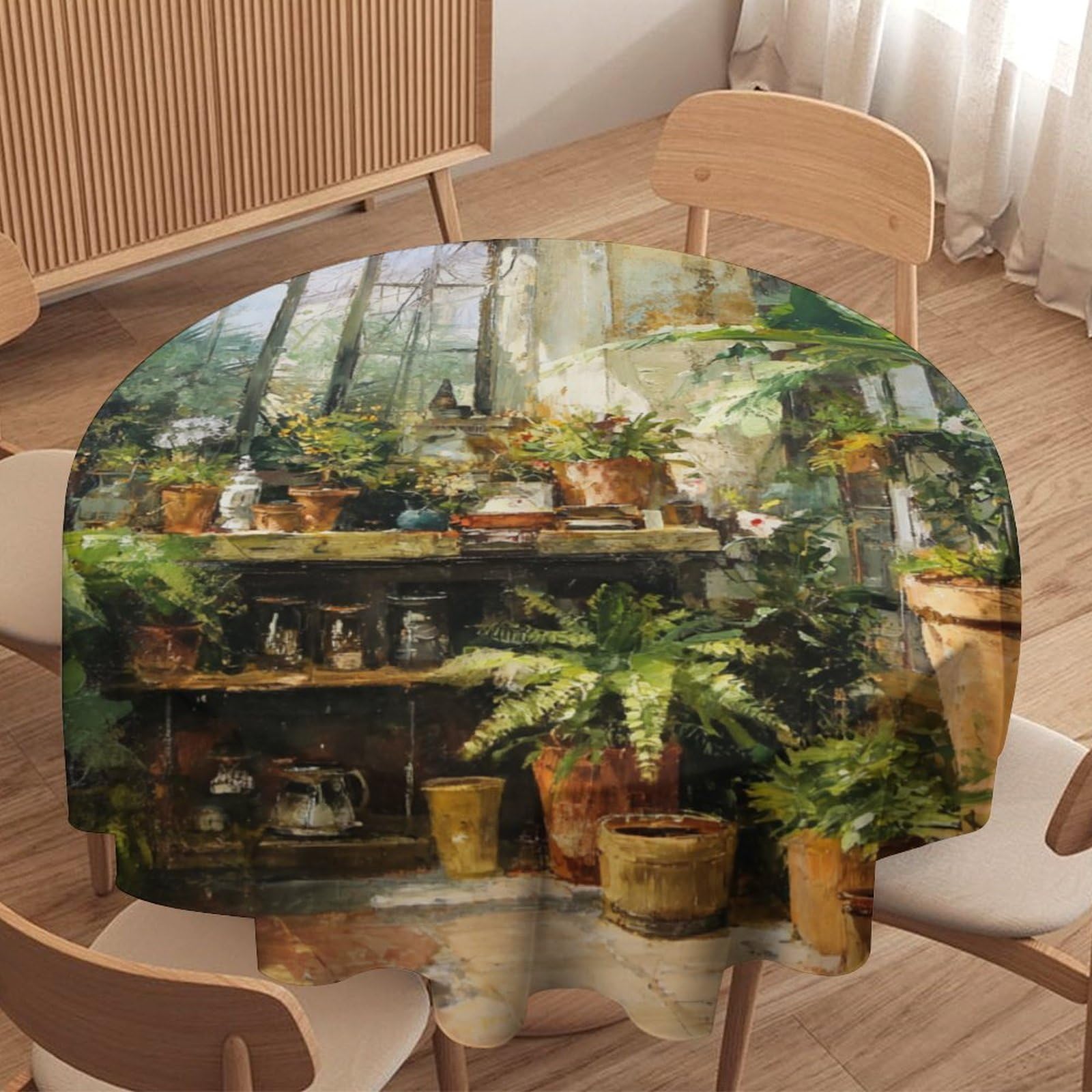 LUYYSKY Mid Century Abstract Green Leaves Waterproof Round Tablecloth Retro Watercolor Botanical Plant Floral Greenhouse Pattern Washable Table Cover for Kitchen-127 Wx127 L cm