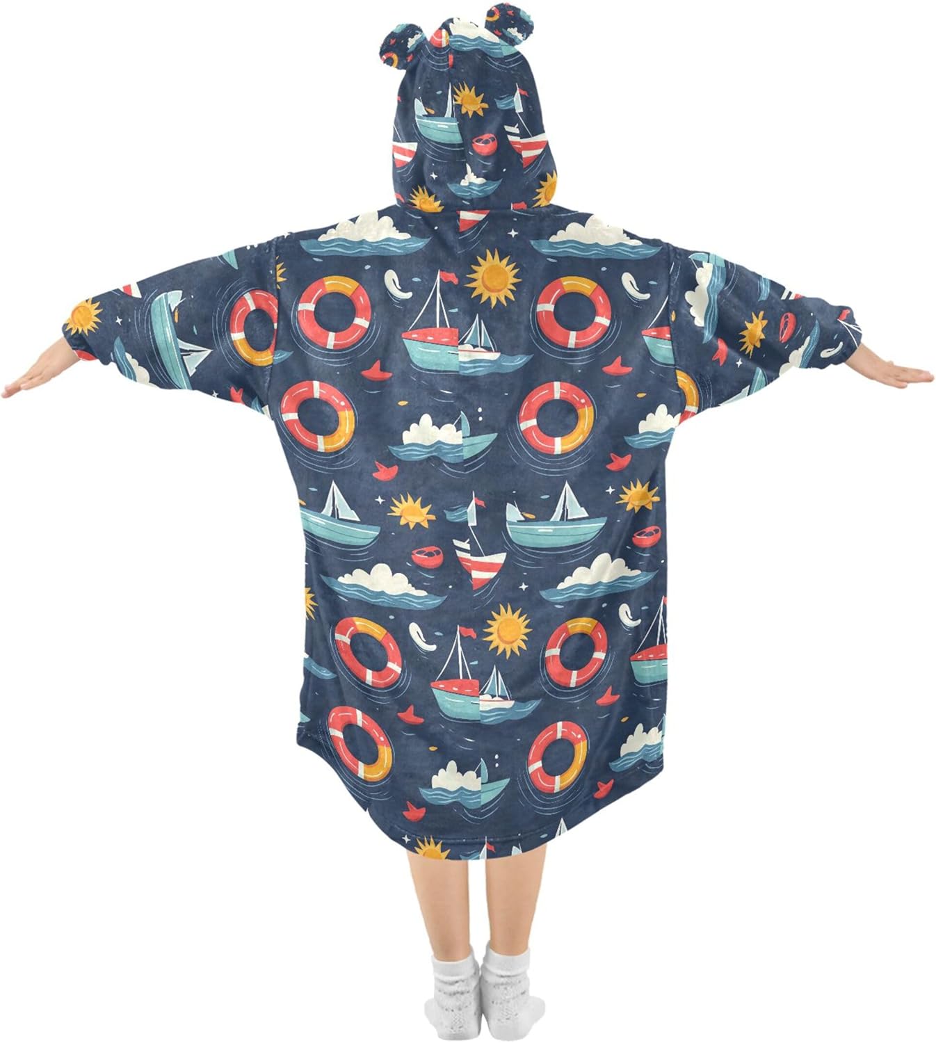 Beach Wave Sailboat Kids Wearable Blanket Hoodie with Pocket and Sleeves for Toddlers, Cute Hoodies Girls B0403822