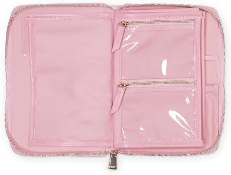 kate spade new york Travel Jewelry Folio, 8.5 x 6 Organizer with 8 Zippered Pockets, Necklace Tabs & Tracker Pocket, Leatherette Case with For Safe Keeping Quote (Goddess Stripe)
