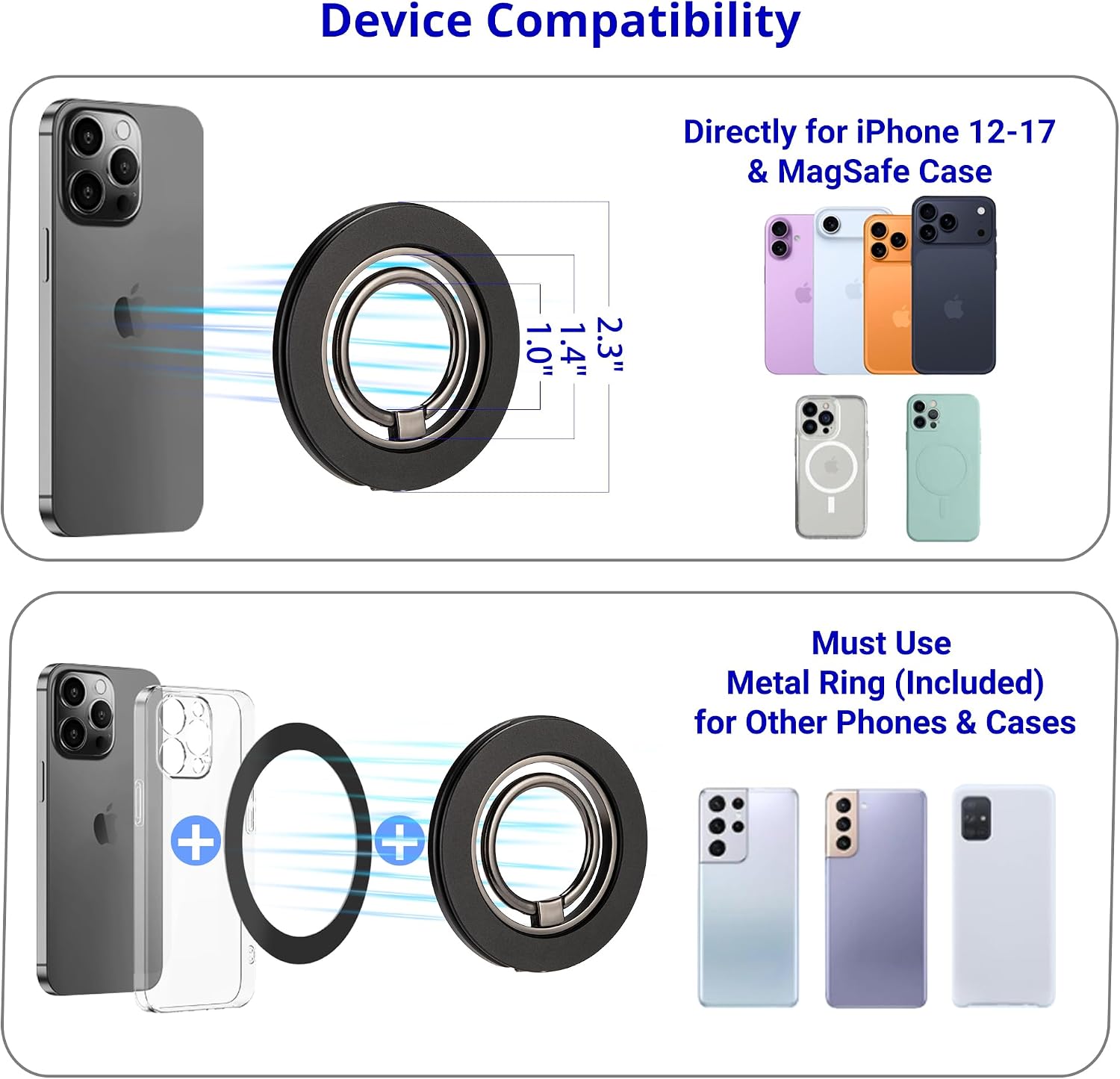 Dual-Sided Magnetic Phone Mount for MagSafe, Ultra-Slim Metal Ring Holder Grip with Kickstand, 2-Way Magnet for Gym & Kitchen, Stick to Any Steel Surface for iPhone 17-12 Pro Max (Matte Black)