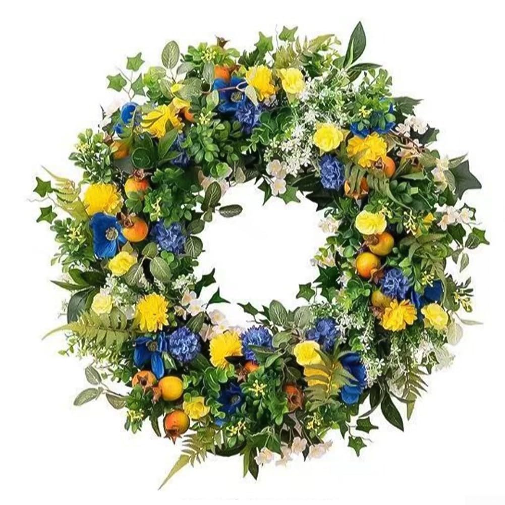Künstlicher Blumenkranz für Haustür-Dekoration – 35 cm mehrfarbig Frühling & Sommer hängende Heimdekoration Akzent für Wände, Eingänge, Hochzeiten, Partys, Restaurants (35 cm)