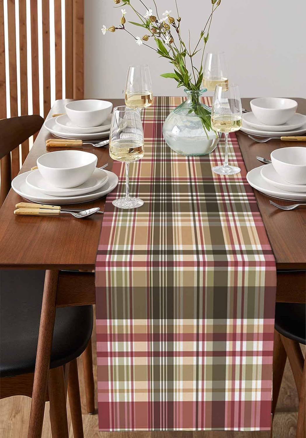 Retro Tartan Abstract Geometric Table Runners 18x72 Inches Long Linen Burlap Table Runner, Farm Buffalo Plaid Table Cover Dresser Scarf for Kitchen Dining Holiday Party Wedding Gathering
