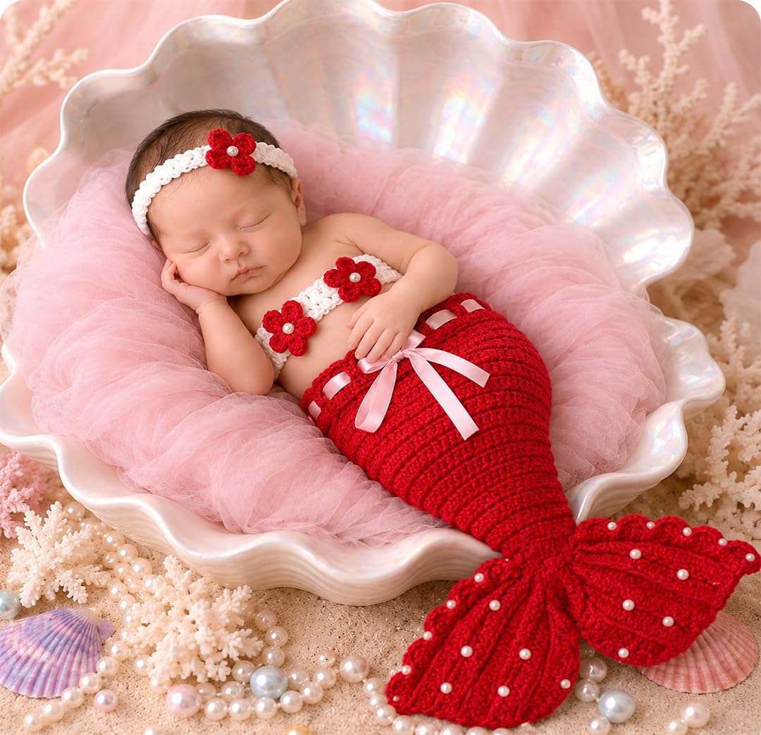 BabyMoon (Set of 3 Crochet Mermaid New Born Baby Photography Shoot Props Costume (3-12 Months, Red)-image-14