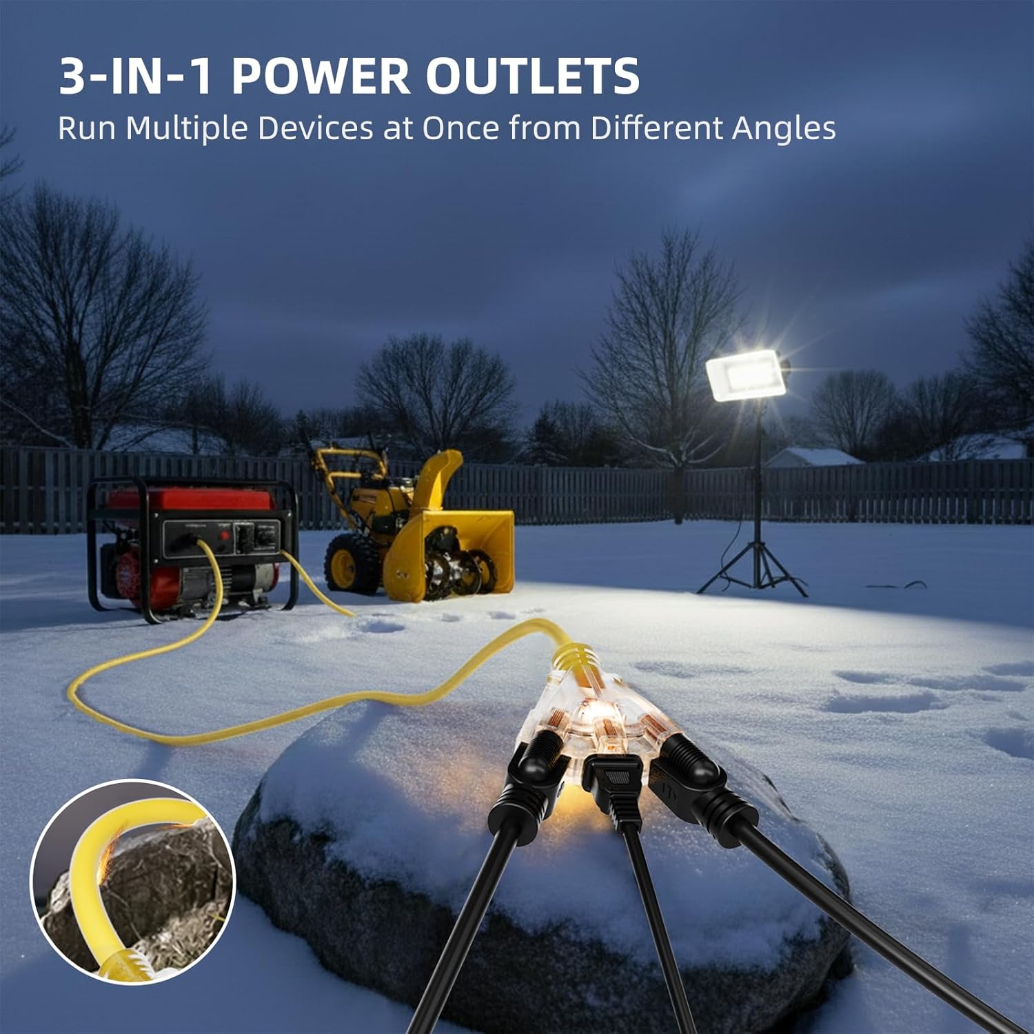 25FT 10 Gauge Outdoor Extension Cord with Multiple Outlets, Heavy Duty Waterproof 3 Prong Power Cord with Lighted 3-Outlets, 15A 1875W Yellow Extension Cord for Garage, Garden, Jobsite, ETL Listed