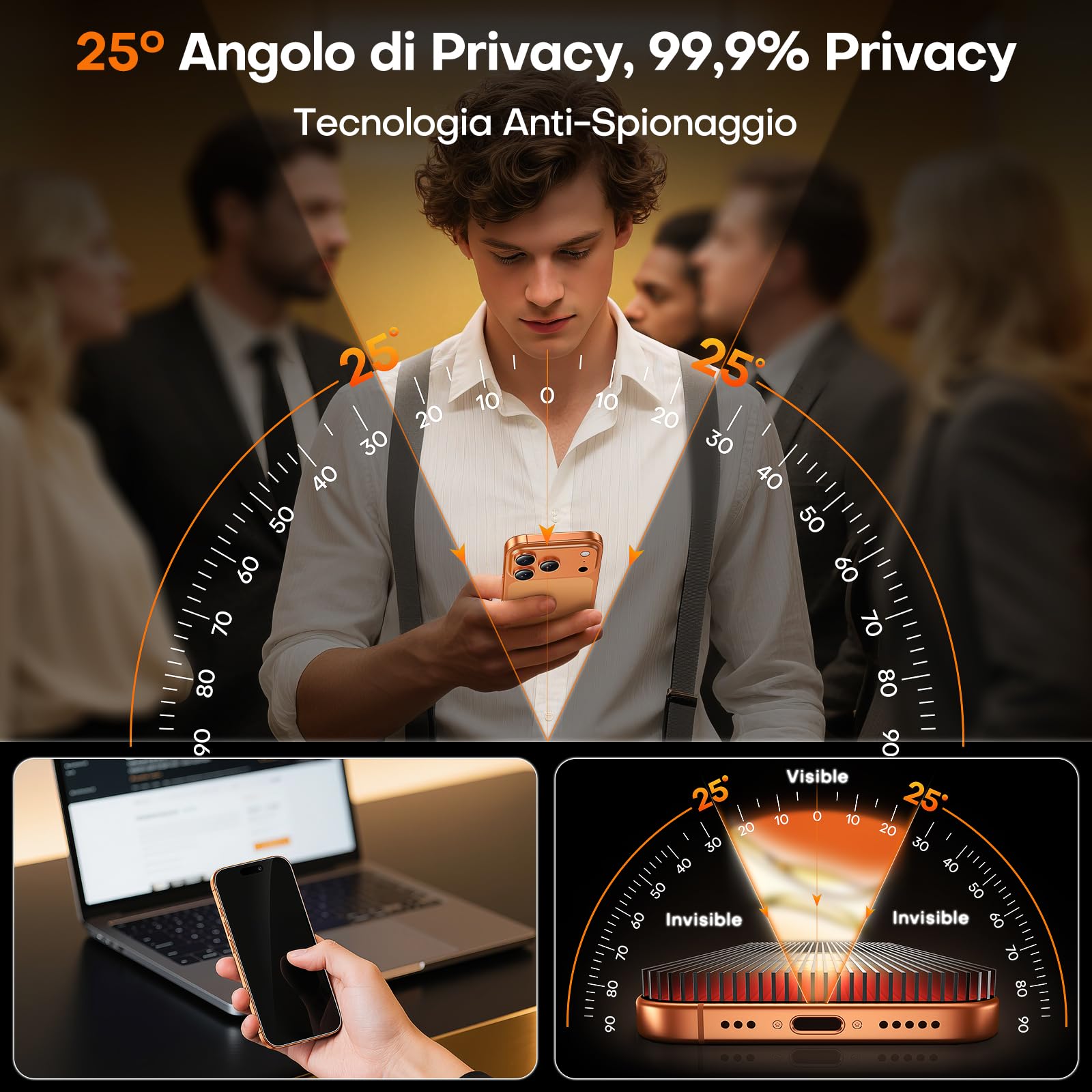 TOCOL Privacy Pellicola Vetro Temperato per iPhone 17 Pro Max/iPhone 16 Pro Max, 25° Reali Anti-Spy, Rimozione Automatica Della Polvere, Copertura Completa, Senza Bolle, Durezza 9H, 2 Pezzi