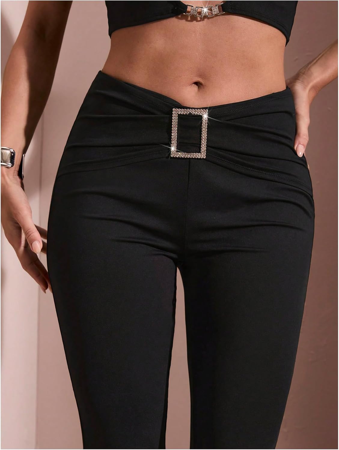 Women's Square Rhinestone Ring Flare Leggings Crossover Waist Long Bell Bottoms Y2K Pants - Image 3