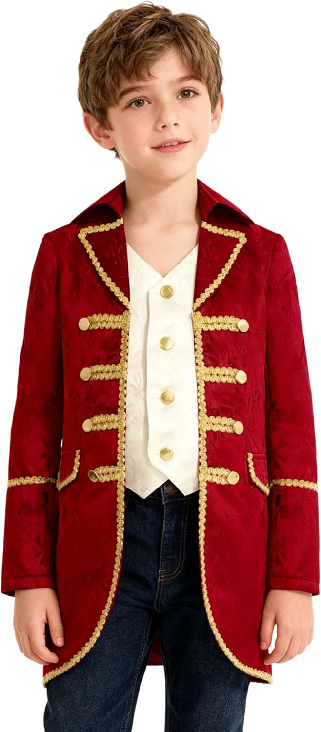 Kids Boys Medieval Formal Wear Long Sleeve Gold Trimming Coat Victorian Punk Style Halloween Dress Up Outfit