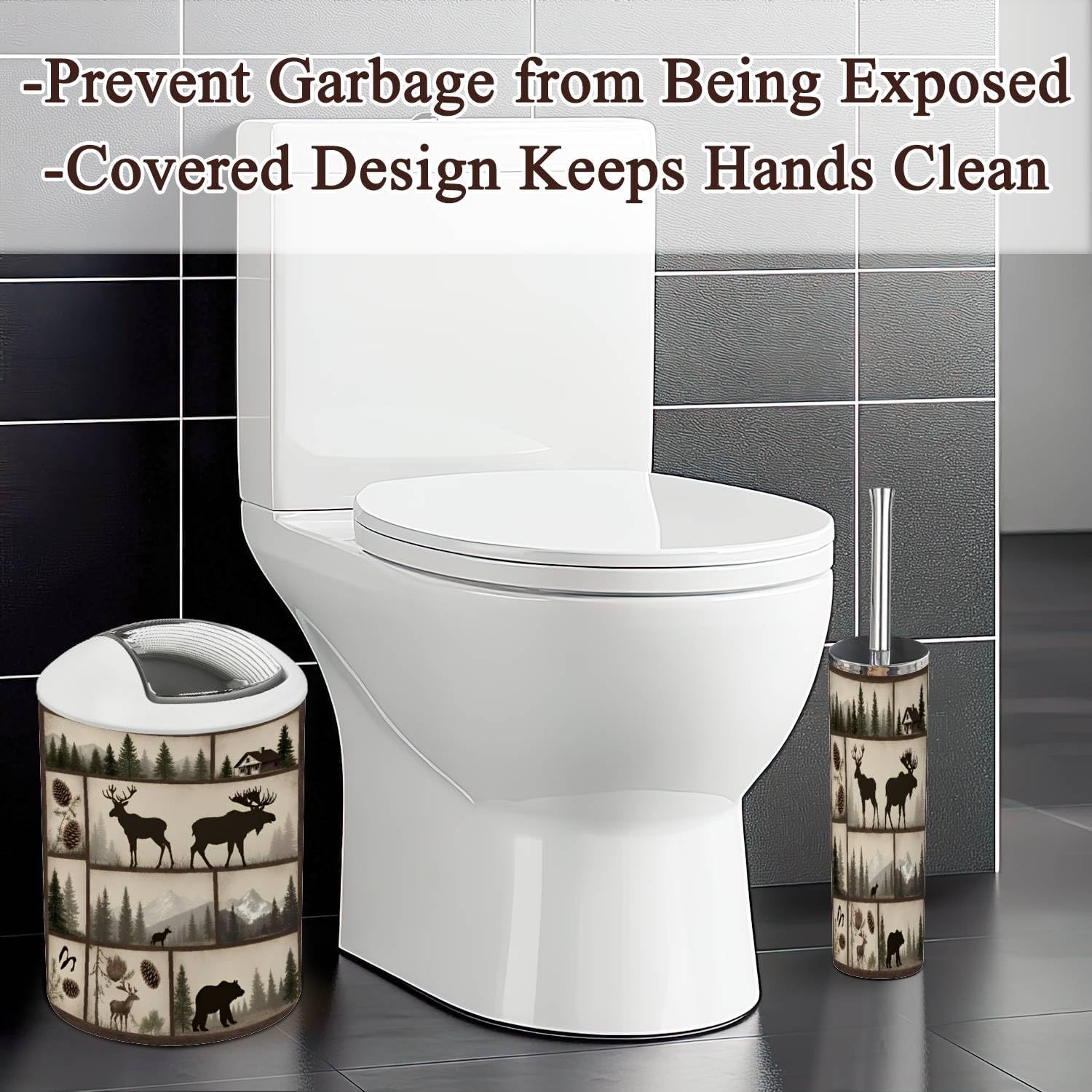 Bathroom Accessories Set 6 Pcs Rustic Cabin Farmhouse Woodland Bear Deer Country Forest Toothbrush Holder Cup Soap Dispenser Soap Dish Toilet Brush Holder Trash Can for Countertop Decor