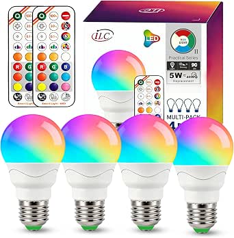 iLC A15 LED Color Changing Light Bulb, 5W (40W Equivalent), 500LM, 9 Colors 3CCT, E26 Base, IR Remote Control Light Bulbs with Timing & Sleep Mode, for Multi-Pendant, Ceiling Fans, Table Lamps, 4 Pack