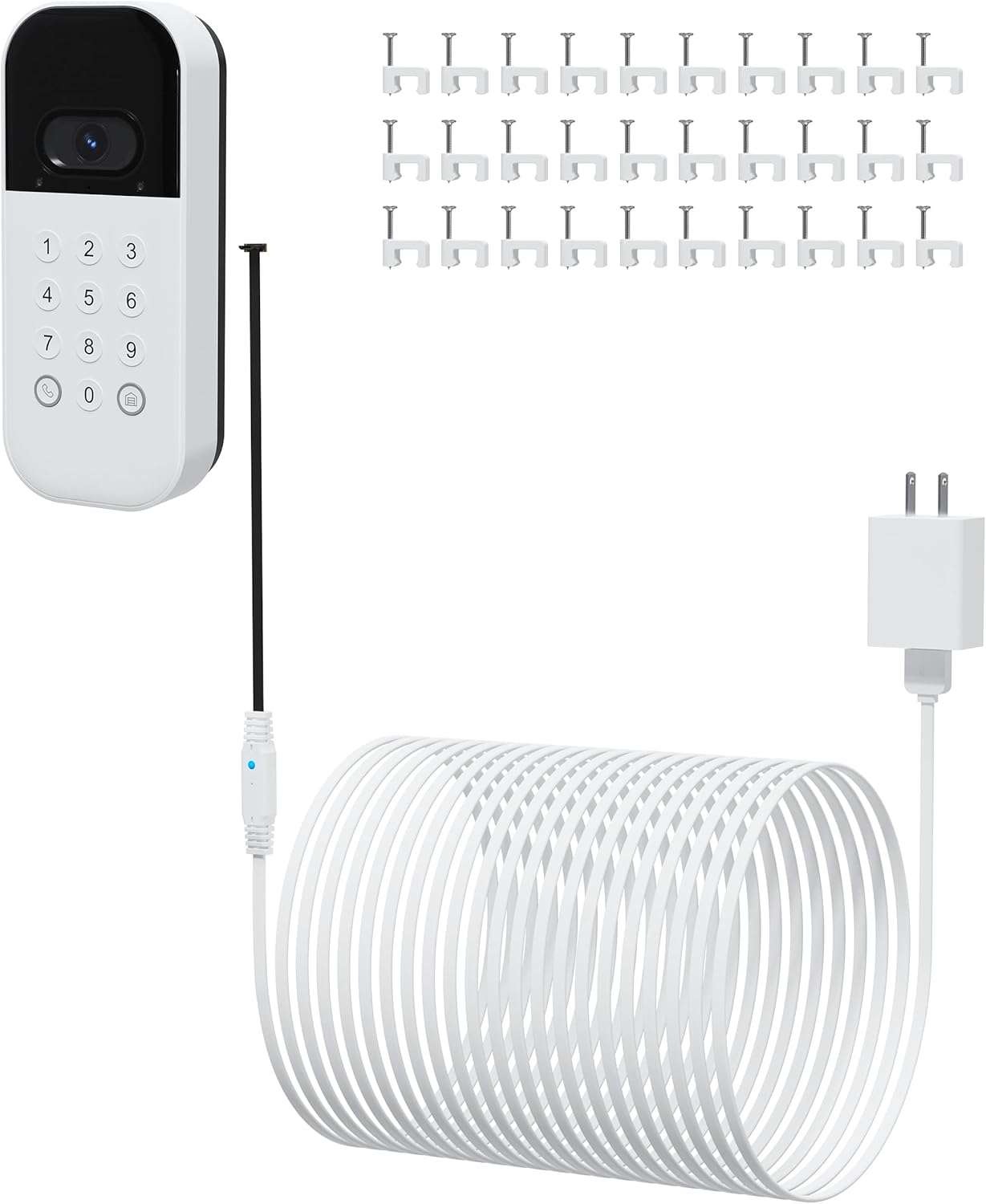 Power Adapter Kit for myQ Smart Garage Door Video Keypad, 20ft/6m Outdoor Power Cable and Adapter, Weatherproof Flat Cable for Continuous Charging, Includes 30 White Mounting Nails
