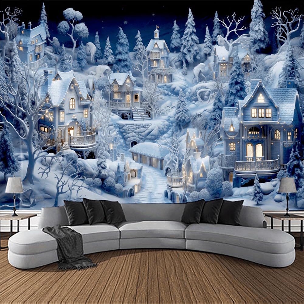 GLWDMH 150x130CM 3D Christmas Town Snow Scene Wall Tapestry, Winter Wonderland Backdrop, New Year Wall Hanging Decor for Living Room