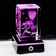 Crystal Engraved 3D Rose with I Love You Keepsake with Led Light Base, Gift for Boyfriend or Girlfriend, Unique Valentines Romantic Gifts for Her