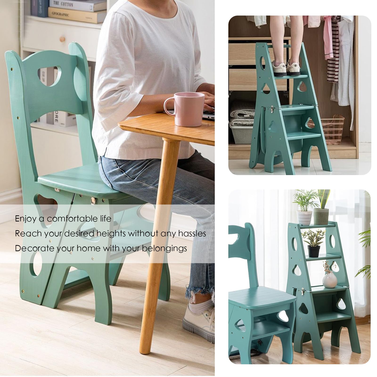 Taburero plegable de 4 pasos, silla sólida de la escalera de pino con las rodajas anchas, 330lbs capacidad, diseño que ahorra espacio para la cocina, la oficina y el estante de exhibición del hogar, b