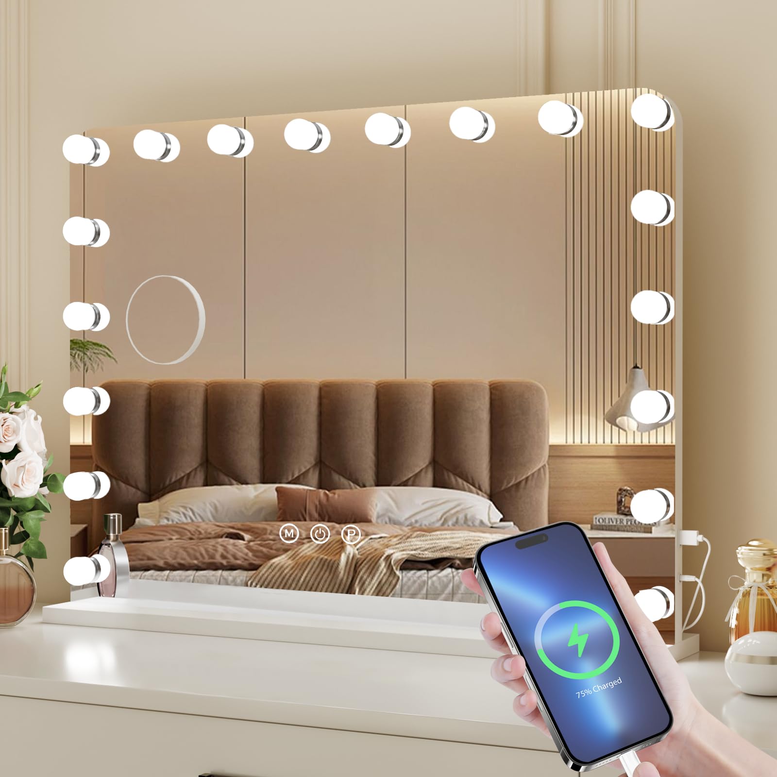 VOWNER Hollywood Lighted Makeup Mirror, 18 LED Dimmable Vanity Mirror with 3 Light Colors, Touch Control, Vanity Mirror with USB and 10 Magnifier, for Bedroom