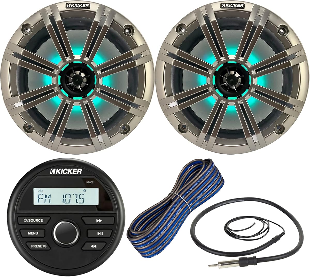 Kicker - Receptor estéreo USB Bluetooth estilo calibre marino para todo tipo de clima, combo con (cantidad 2) altavoces LED marinos coaxiales de 8 pulgadas, 2 vías, 300 W máx. con rejillas plateadas, cable de calibre 16 de 50 pies, antena de 22 pulgadas
