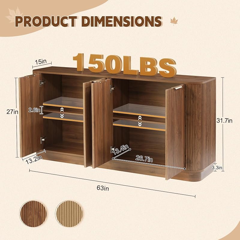 LYNCOHOME 63" Fluted Sideboard Cabinet, 4 Doors, TV Stand Console, Walnut image 2