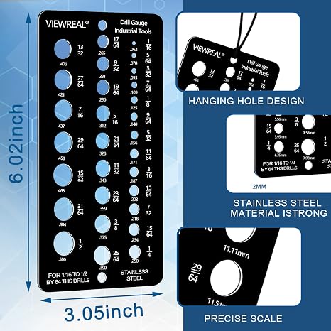 Drill Bit Size Gauge, Stainless Steel, 29-Holes Standard Metric Size for 1/16 Inch to 1/2 Inch Drill Bit Index, (1black)