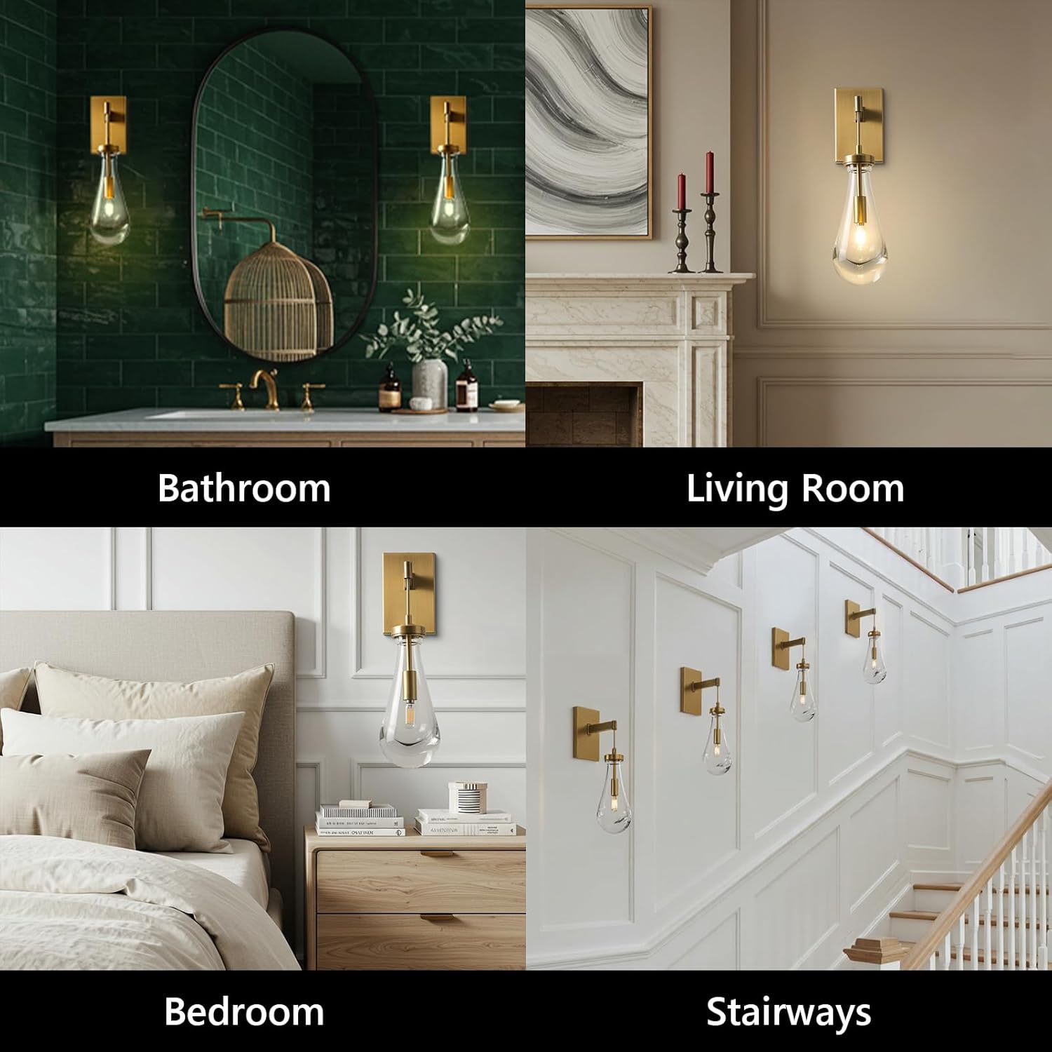 Raindrop Sconces Set of Two,Gold Wall Sconces Stairway Wall Light with Luxury Clear Glass, Bedside Brass Sconces Wall Lighting Bathroom Vanity Light, Included Bulbs