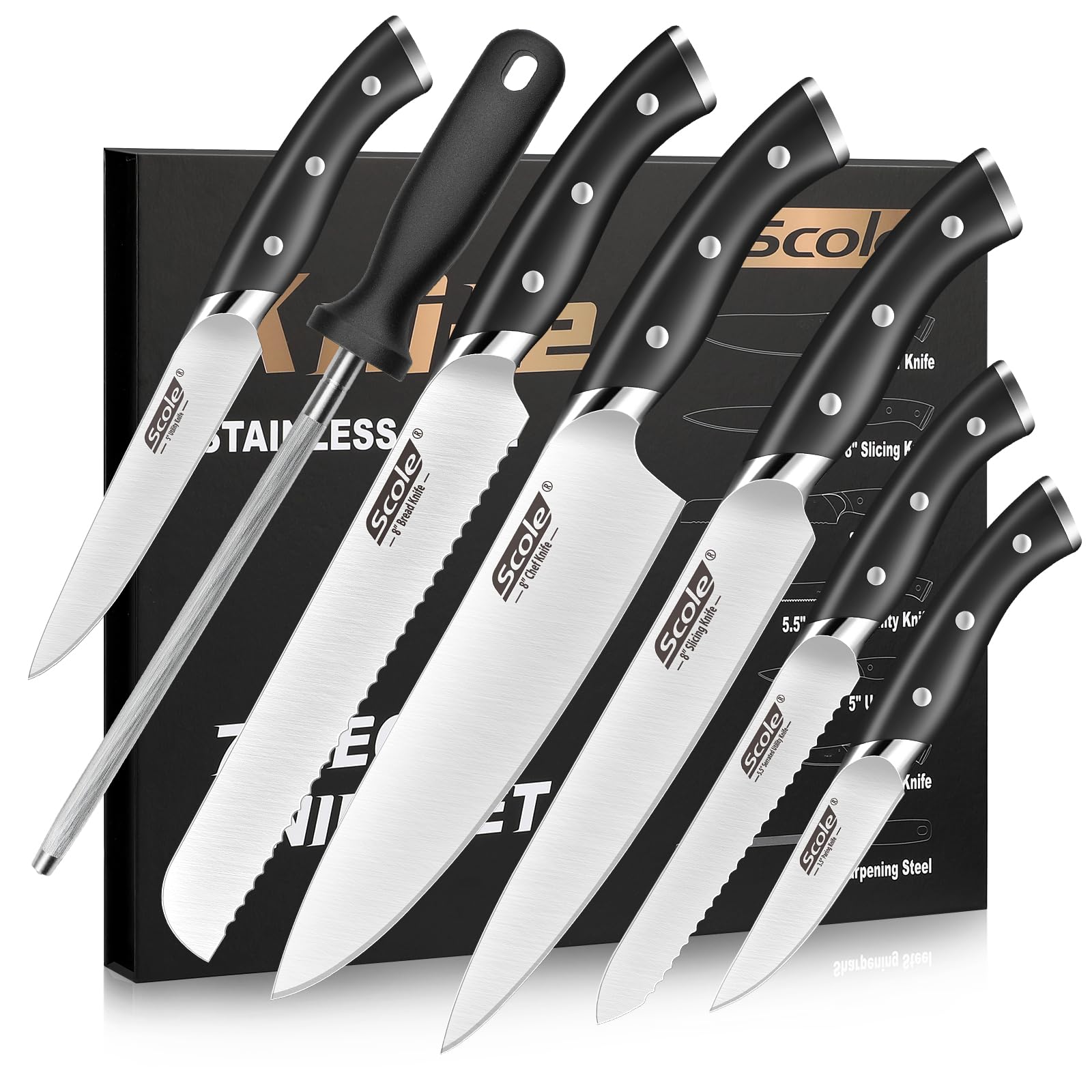 SCOLE® Messerset, Rasierscharf Küchenmesser Set 7-teilig mit Wetzstab, Messer Set, Profi Kochmesser Set Geschenkbox