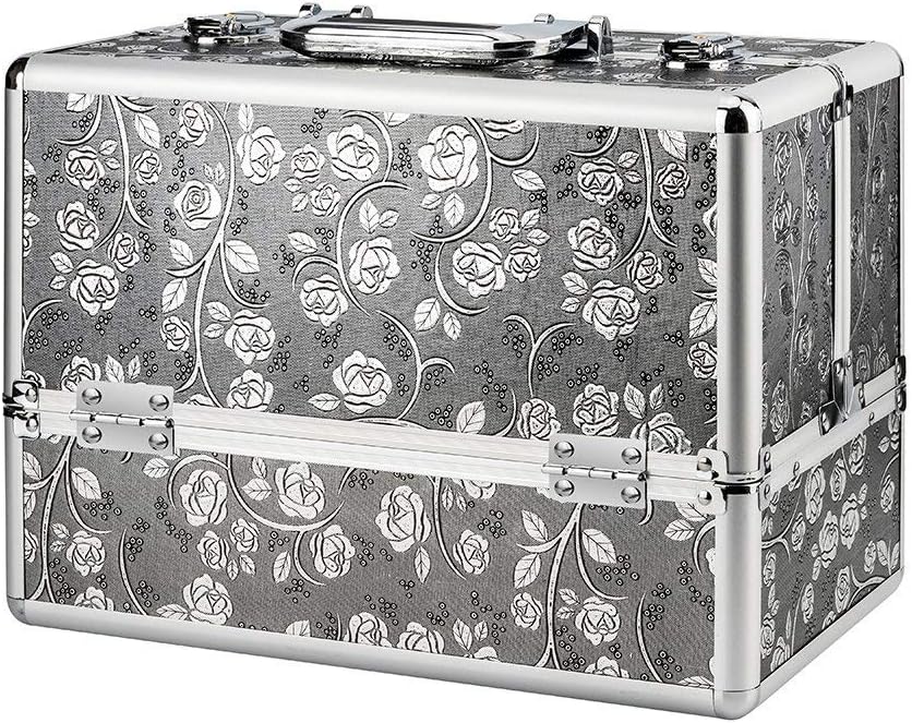 Makeup Case, Storage Beauty Box 4 Trays Make up Box Nail Jewelry Box Extra Large Space Cosmetic Vanity Case Toiletry Organiser Makeup Train Case Silver Flower Pattern