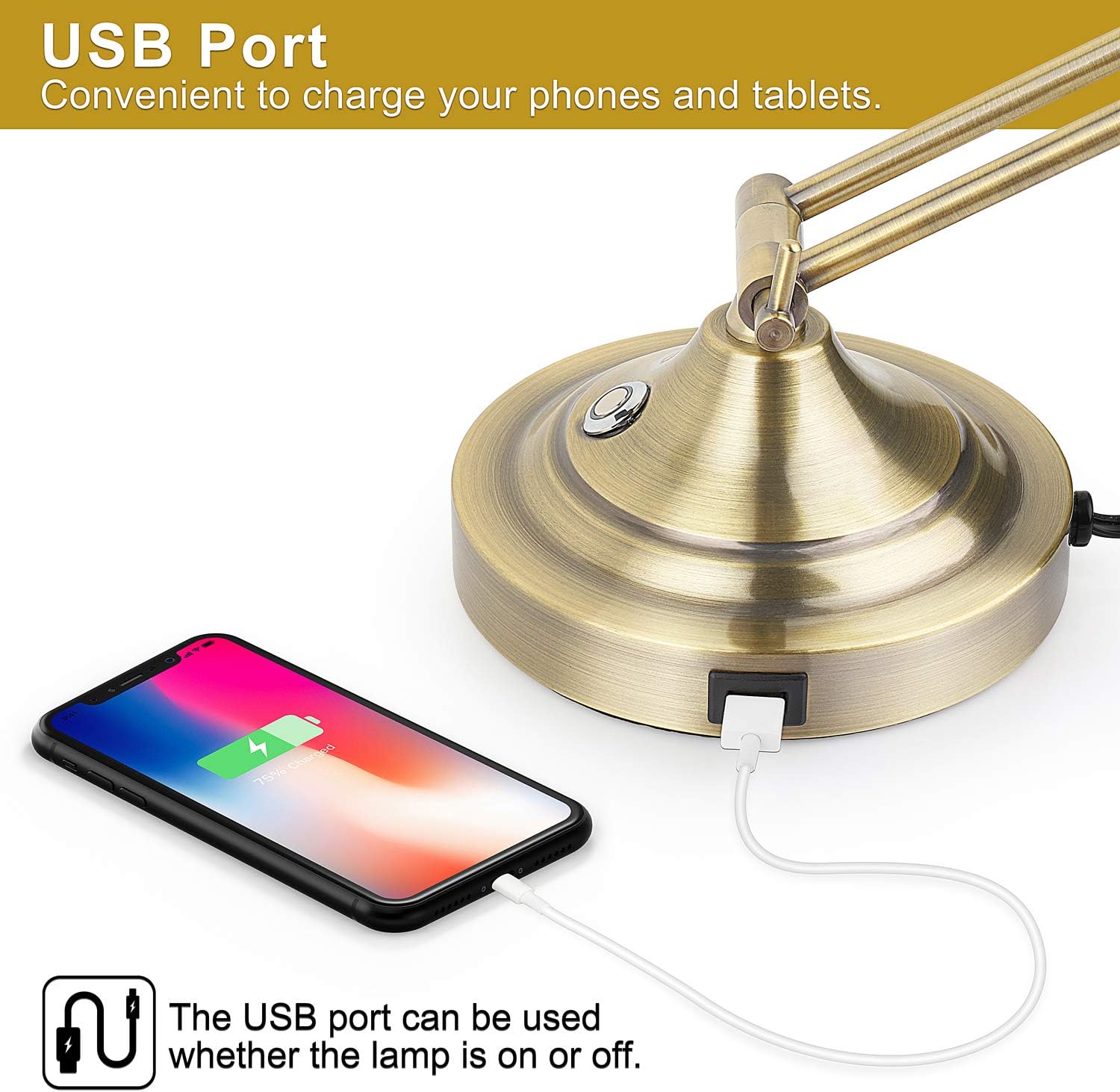 Mlambert 3-Color in 1 LED Desk Lamp with USB Charging Port, Swing Arm, Fully Dimmable, Eye-Caring Task Lamp, Touch Control Brass Metal Architect Drafting Table Lamp for Bedside, Office, Work, Reading