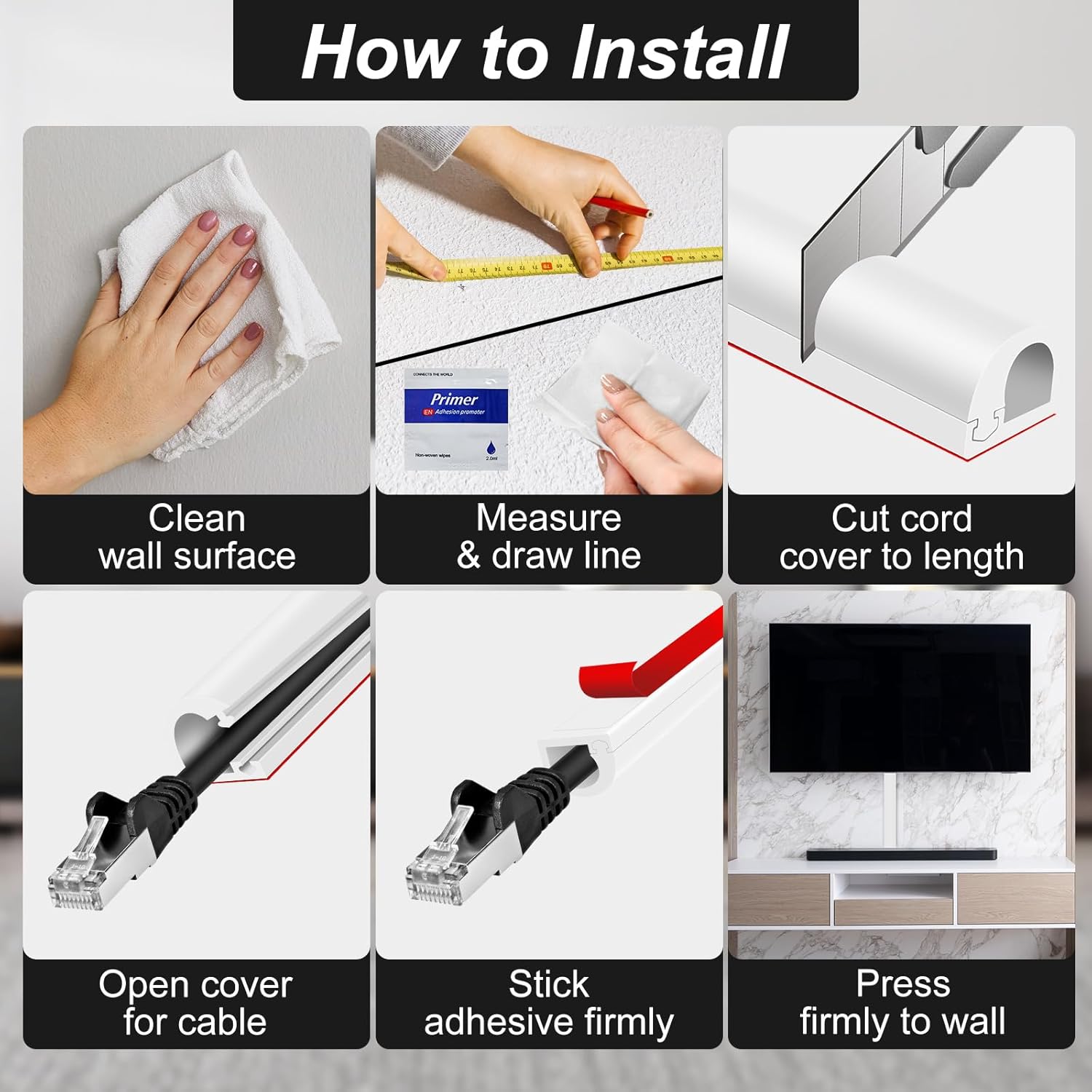 Wall Cord Hider, Flexible Self-Adhesive Wire Cover, Side-Open Cable Raceway for Cords on Wall, Cord Concealer for Mounted TV, Home Theater & Office (White, Large -118inch)