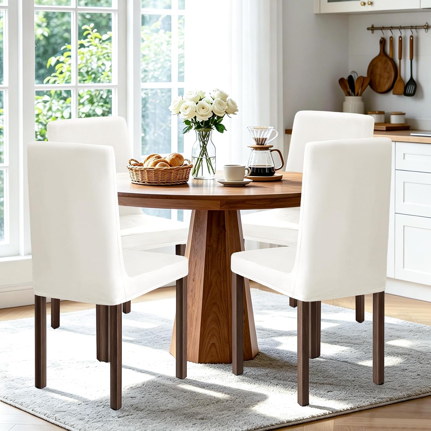 PU Leather 4-Pack Dining Chair Covers, Kitchen, White | Waterproof, Oilproof, Stretch Fit, Removable, Washable, Chair Protector for Dining Chairs, Kitchen&Dining Room Use