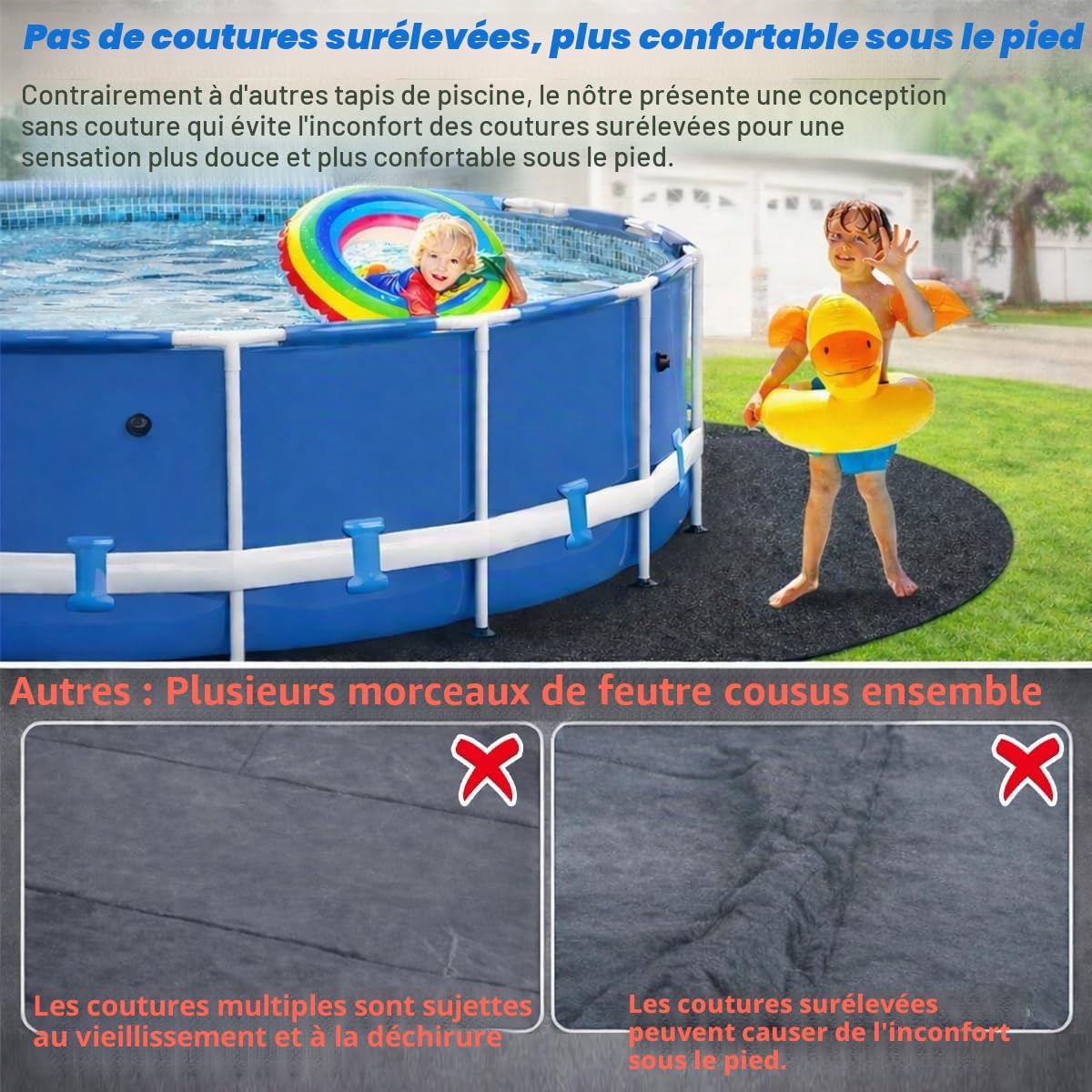 Tapis de piscine épais pour piscine hors sol, tapis rond de 3,7 m pour fond de piscine, confort sans couture, double densité, résistant aux perforations, noir