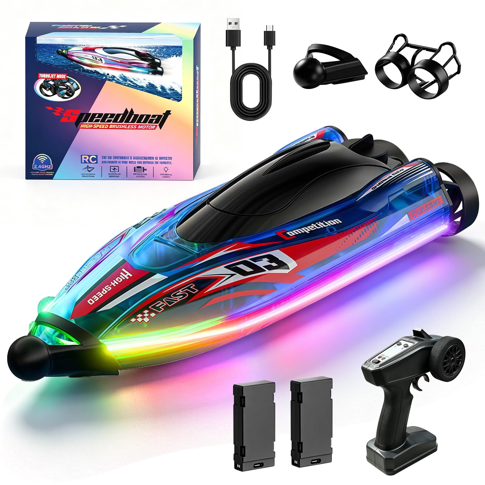 Ferngesteuertes Boot Ultraschnelles 30Km/H, Bürstenloser Motor 360° Automatische Selbstzentrierung Rc Boot Mit Led-Lichtern,Stoßfest Wasserdicht 2,4 Ghz U Speedboot Ferngesteuert Für Pool See