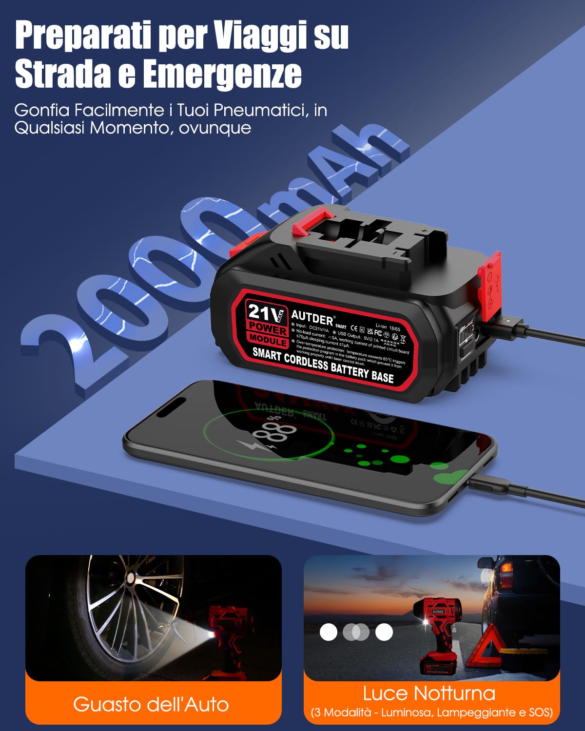AUTDER Gonfiatore Pneumatici Portatile 180 PSI, Compressore Aria Senza Fili con Batteria Rimovibile 21V e Cavo Auto 12V, Spegnimento Automatico, Display LCD, Luce LED per Auto - Rosso-Nero