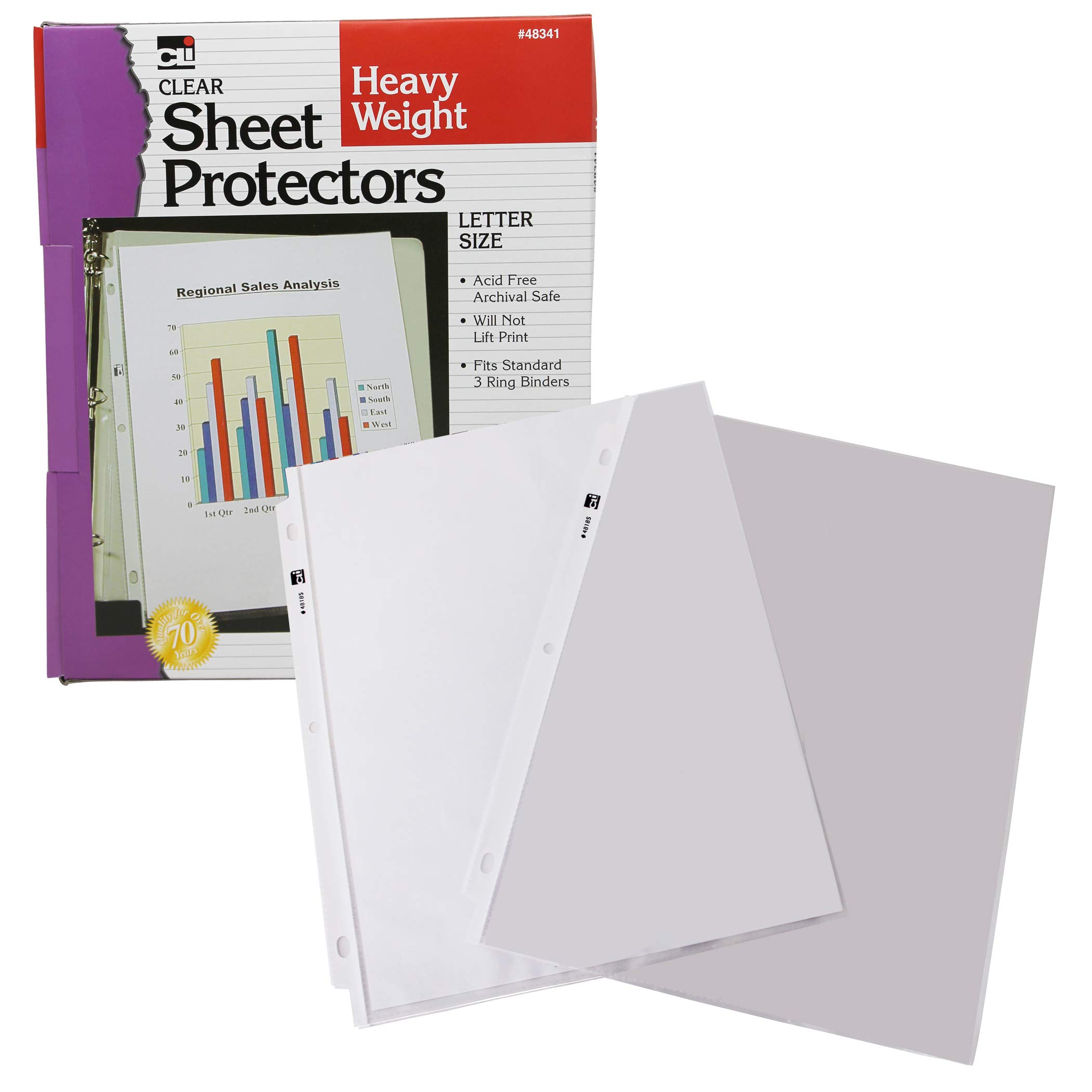 Charles Leonard Sheet Protectors, Top Loading with Binder Holes, 3.3 Mils Heavy Weight, Letter Size, Clear, 100-Pack (48341)
