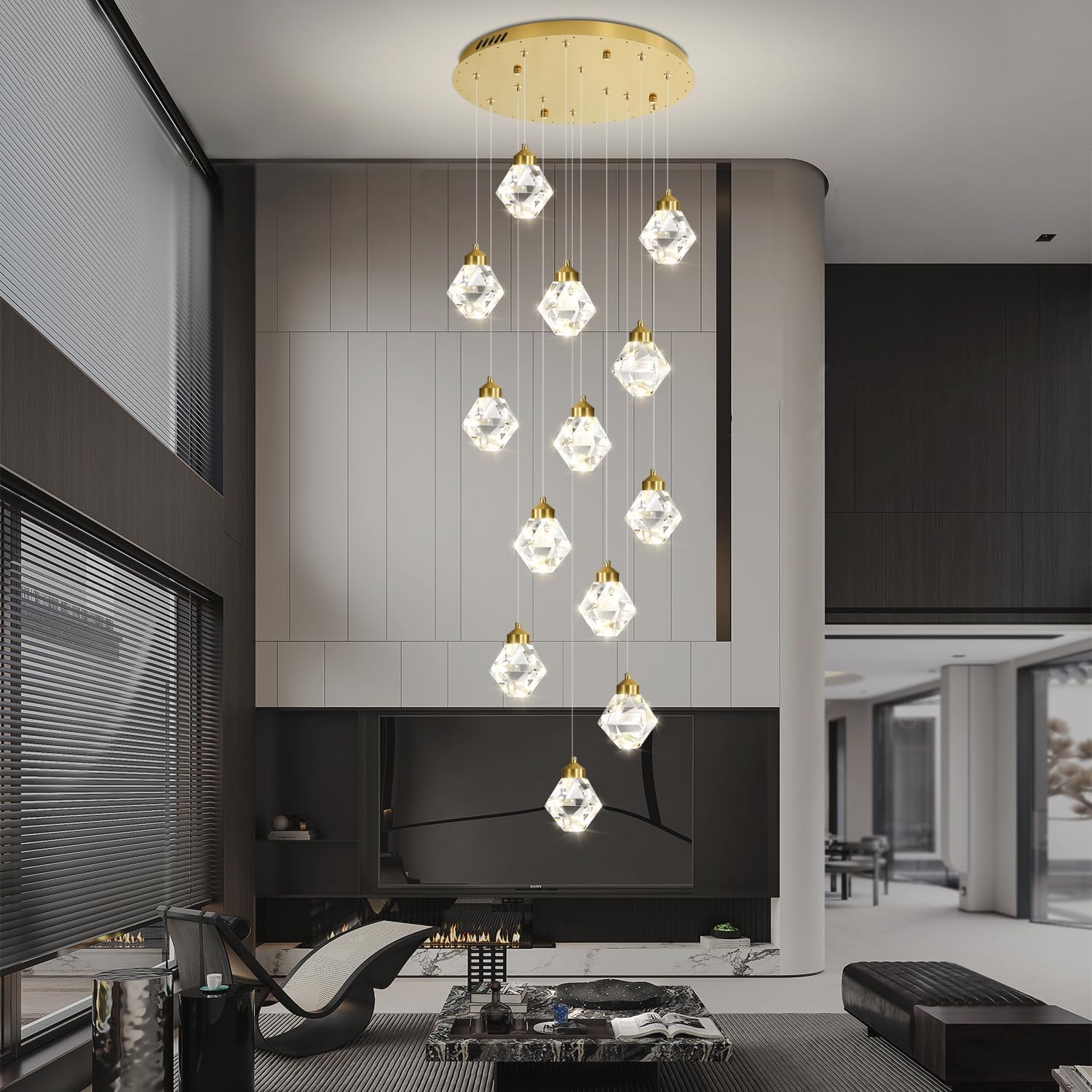 H138in Foyer Chandelier Staircase Chandeliers for High Ceiling Gold Pendant Light Fixture 14-Lights Crystal Chandelier Lighting Fixture for Living Room Staircase Villa