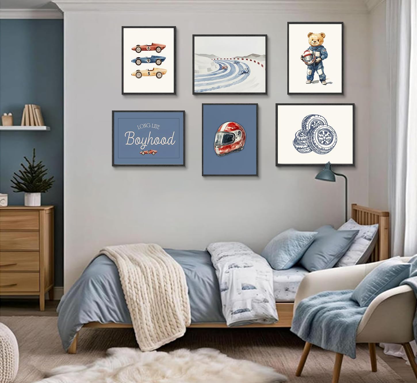 VXGMYPGZ Vintage Race Car Nursery Wall Art Set of 6, Teddy Bear Racing Canvas Prints Posters, Retro Boys Room Wall Decor Blue Car Theme Pictures 12x16 Unframed