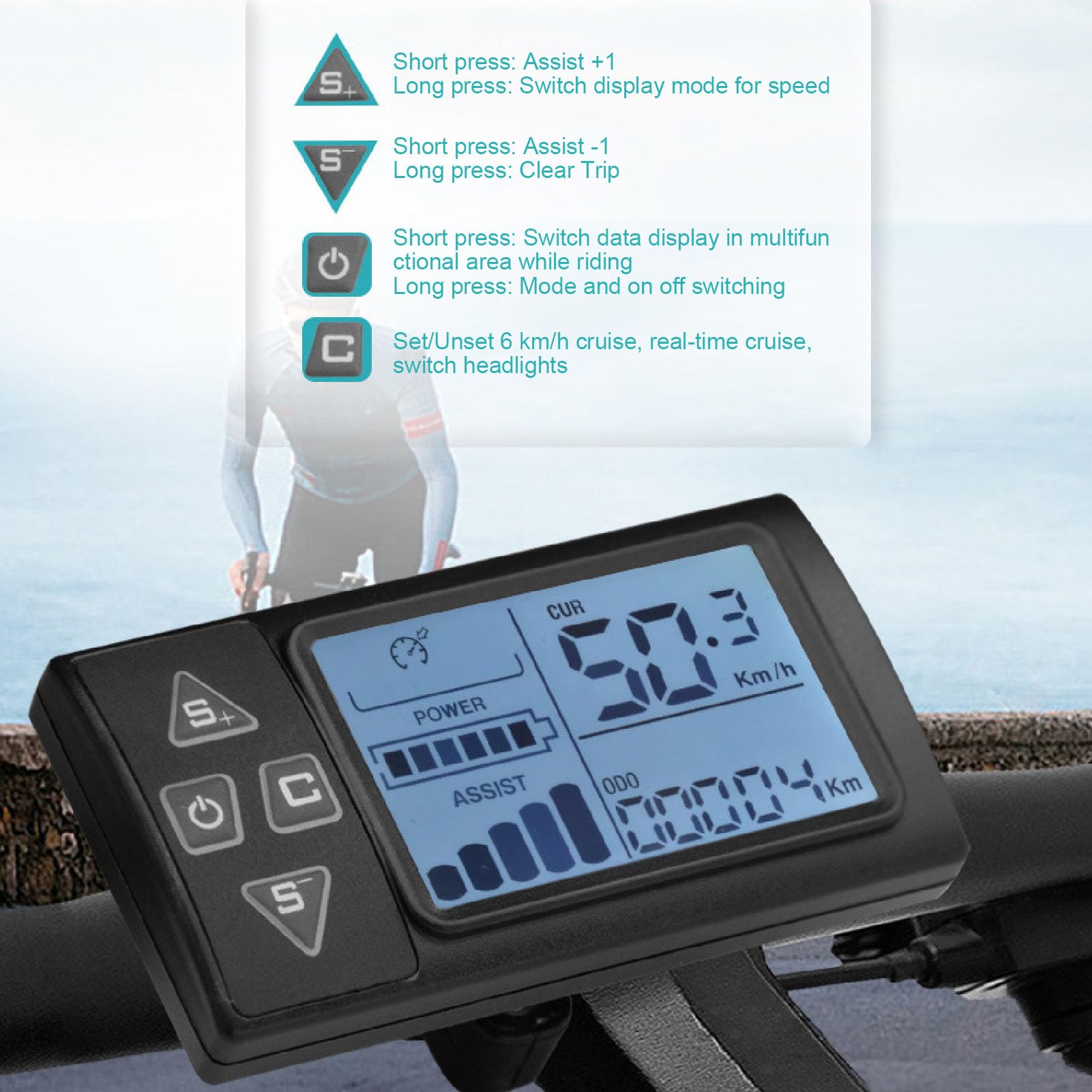 Buachois Display LCD per Bici Elettrica S861, Pannello LCD per Scooter Elettrico con Connettore SM, Materiale ABS, Display Grande e Leggibile, per Biciclette Elettriche e Scooter